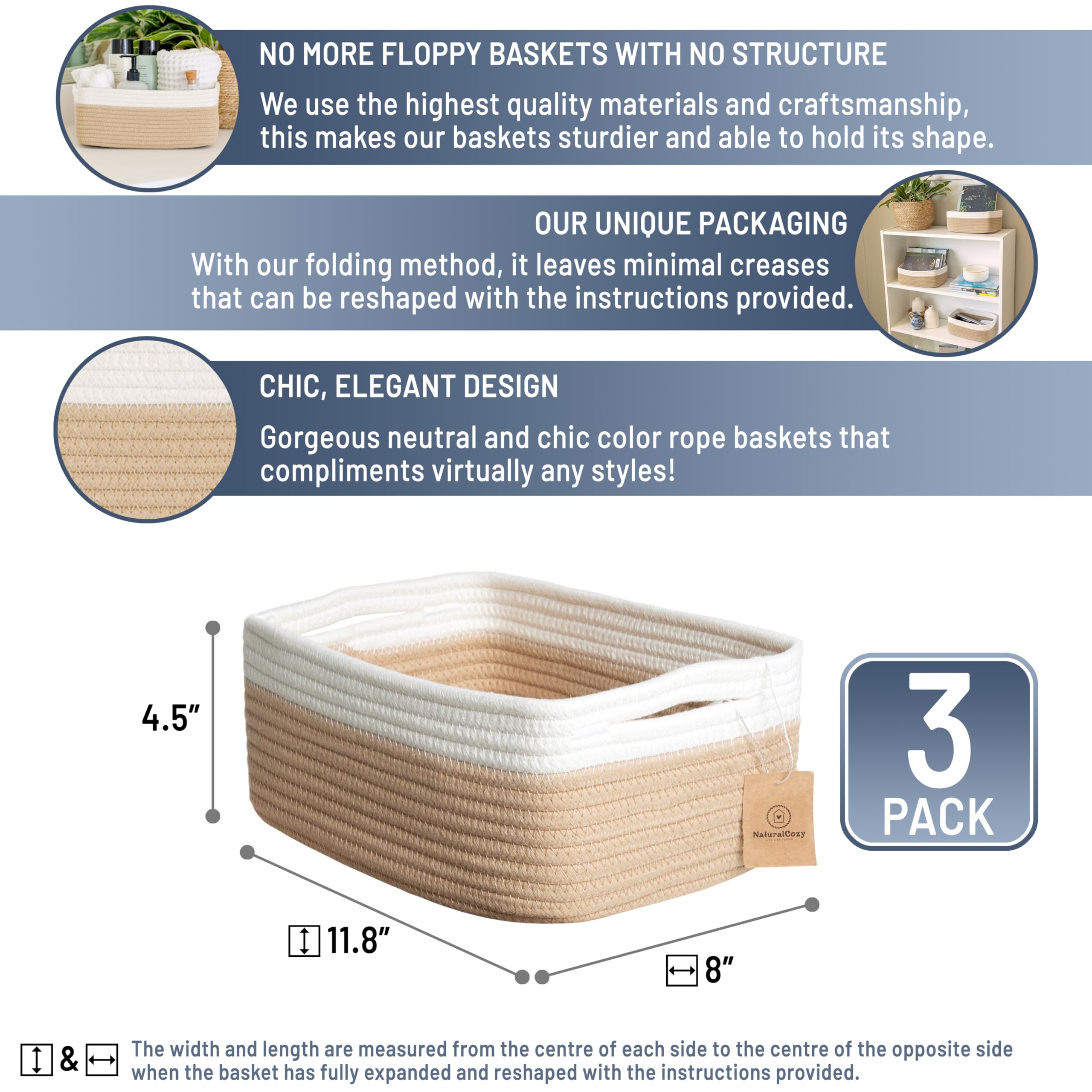 NaturalCozy cotton rope basket demonstrates sturdy frame for toy or book organization.