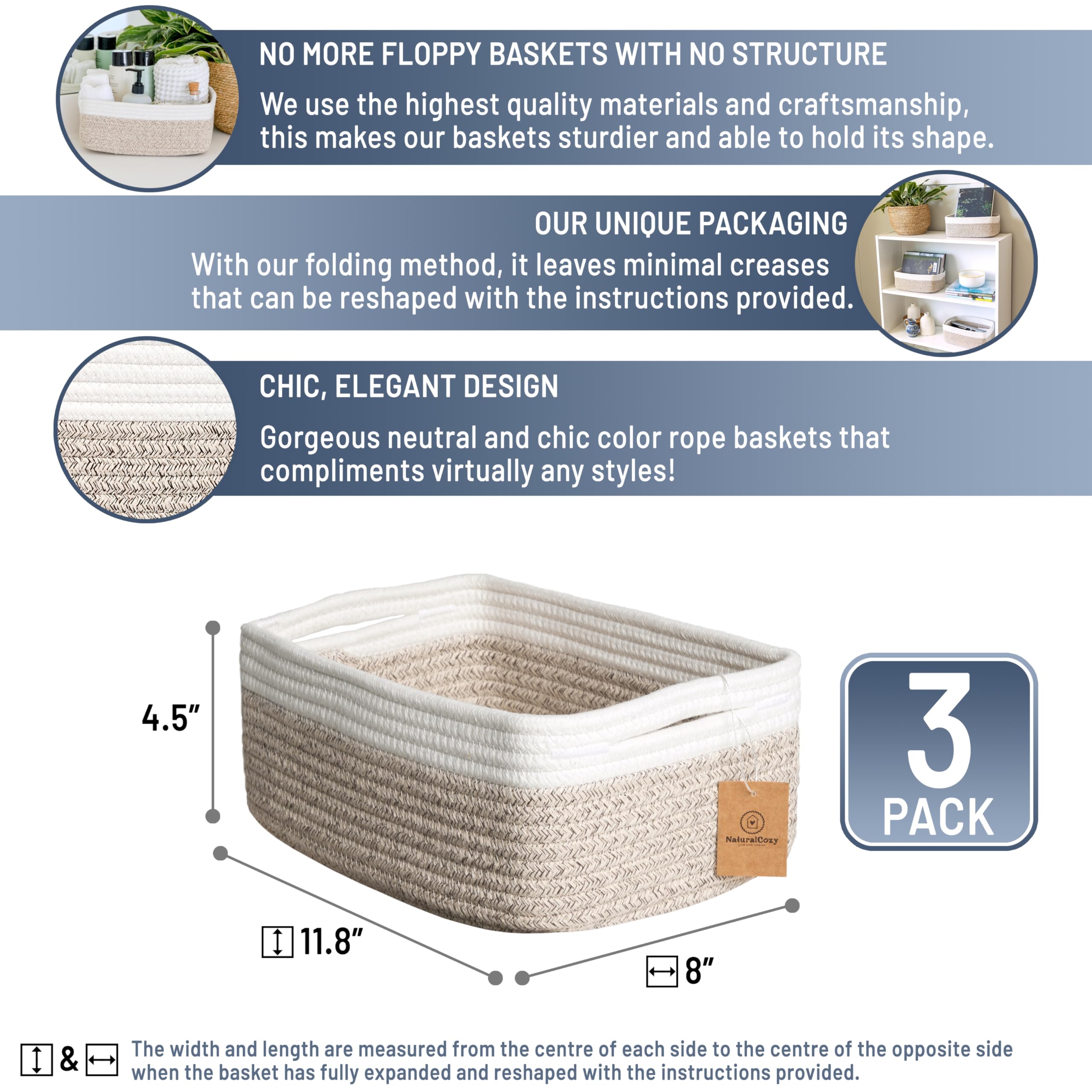 NaturalCozy three-pack baskets with durable cotton rope for organizing