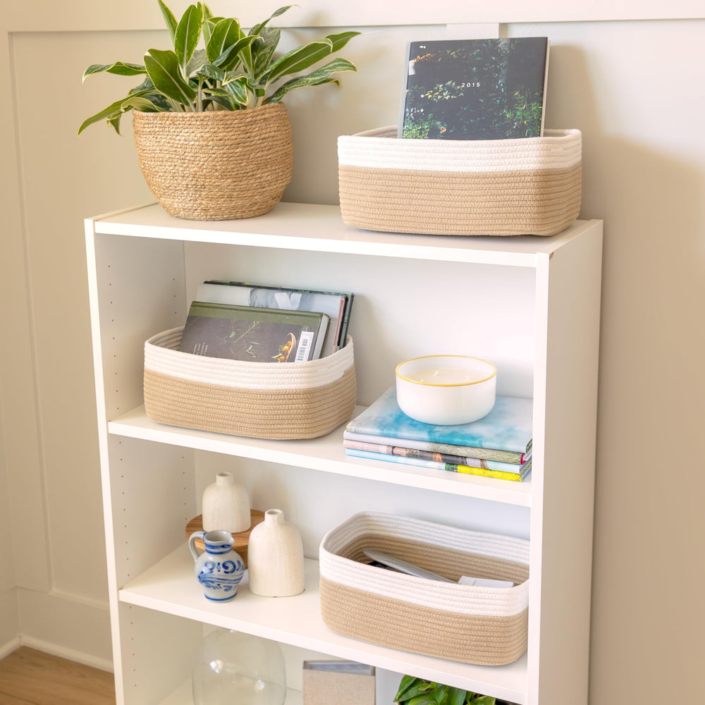 NaturalCozy baskets on nursery shelf organizing toys and books