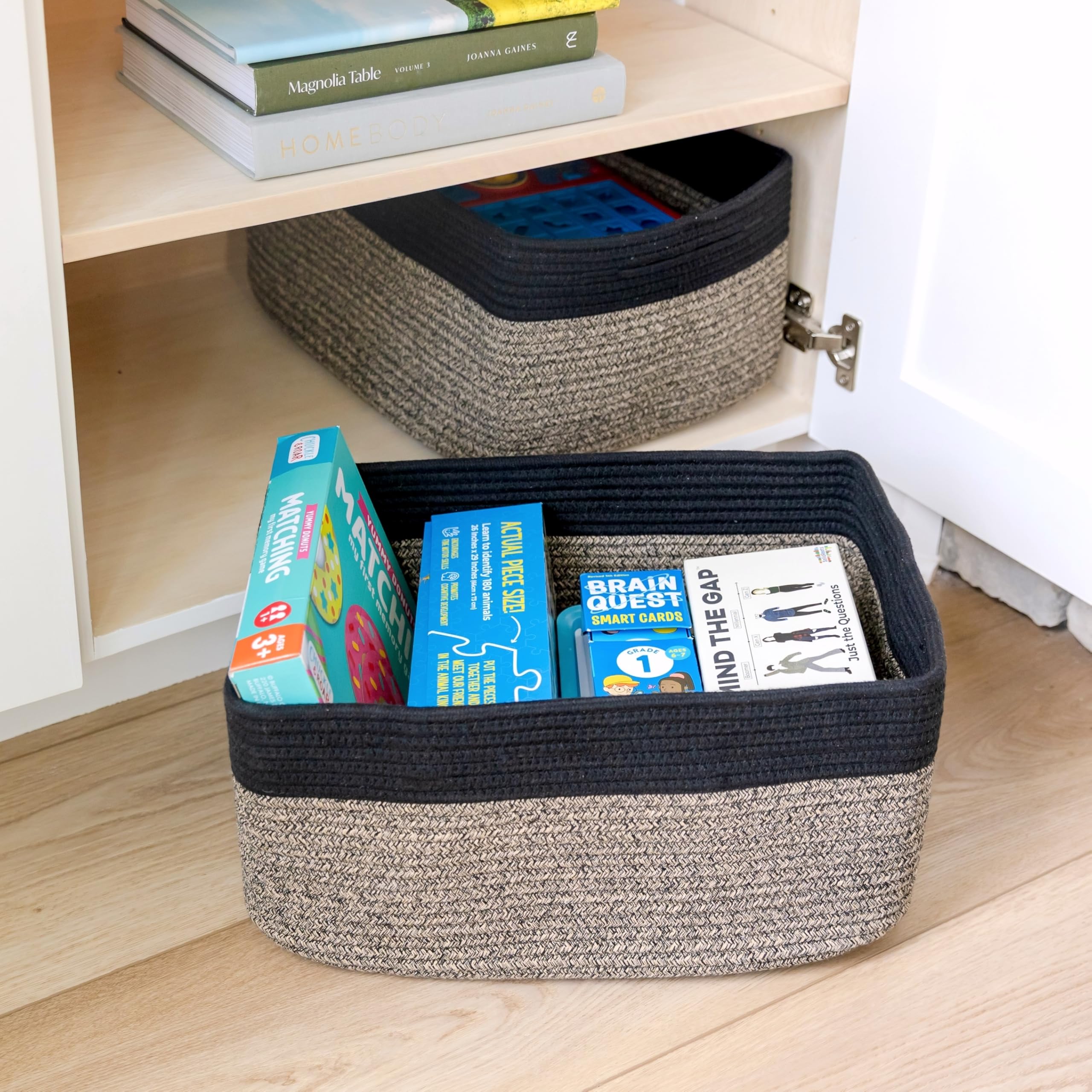 NaturalCozy bathroom basket storing towels and toiletries cleanly.