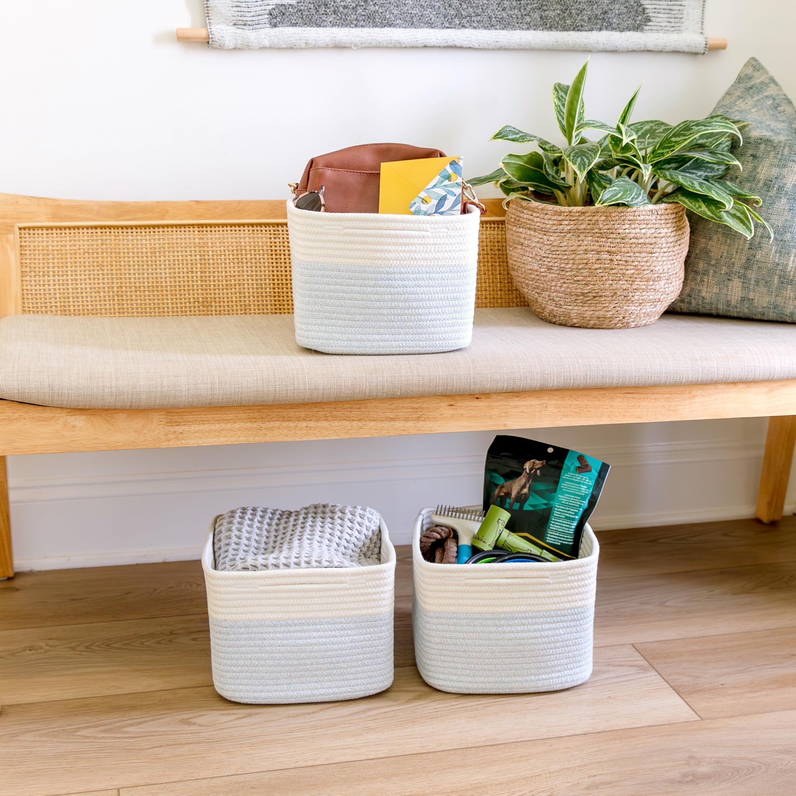 NaturalCozy bathroom closet setup using cubes for towels and toiletries.