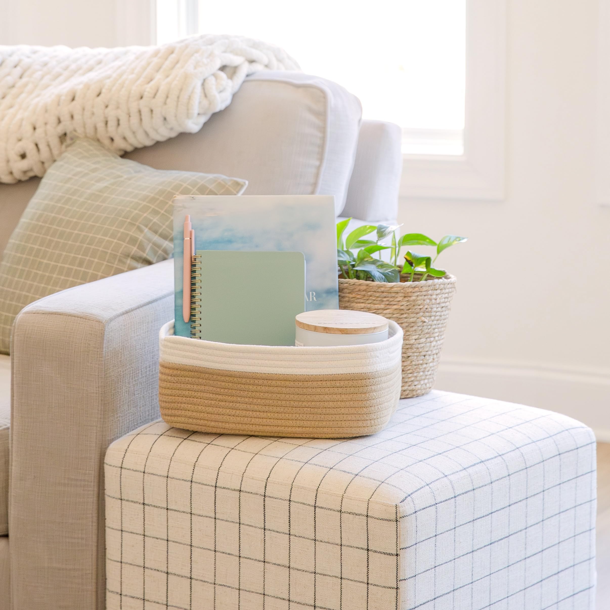 NaturalCozy bathroom storage basket blends with decor and reduces clutter.