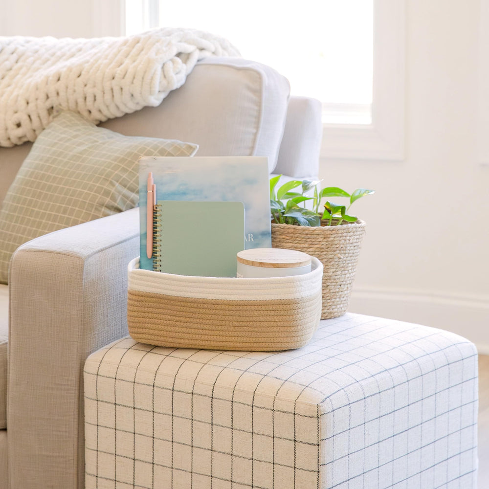 NaturalCozy bathroom storage basket blends with decor and reduces clutter.