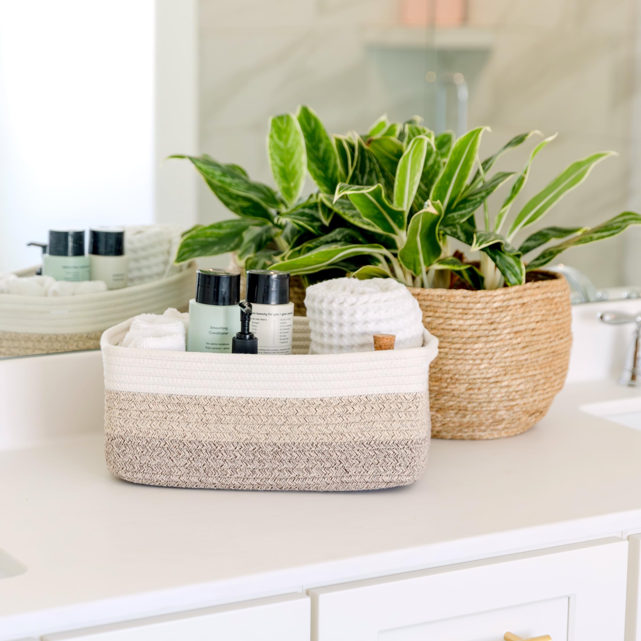 NaturalCozy bathroom basket offers versatile storage options.