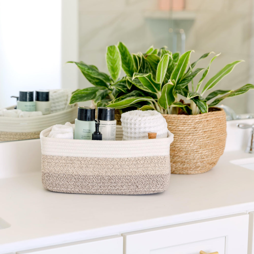 NaturalCozy bathroom basket offers versatile storage options.