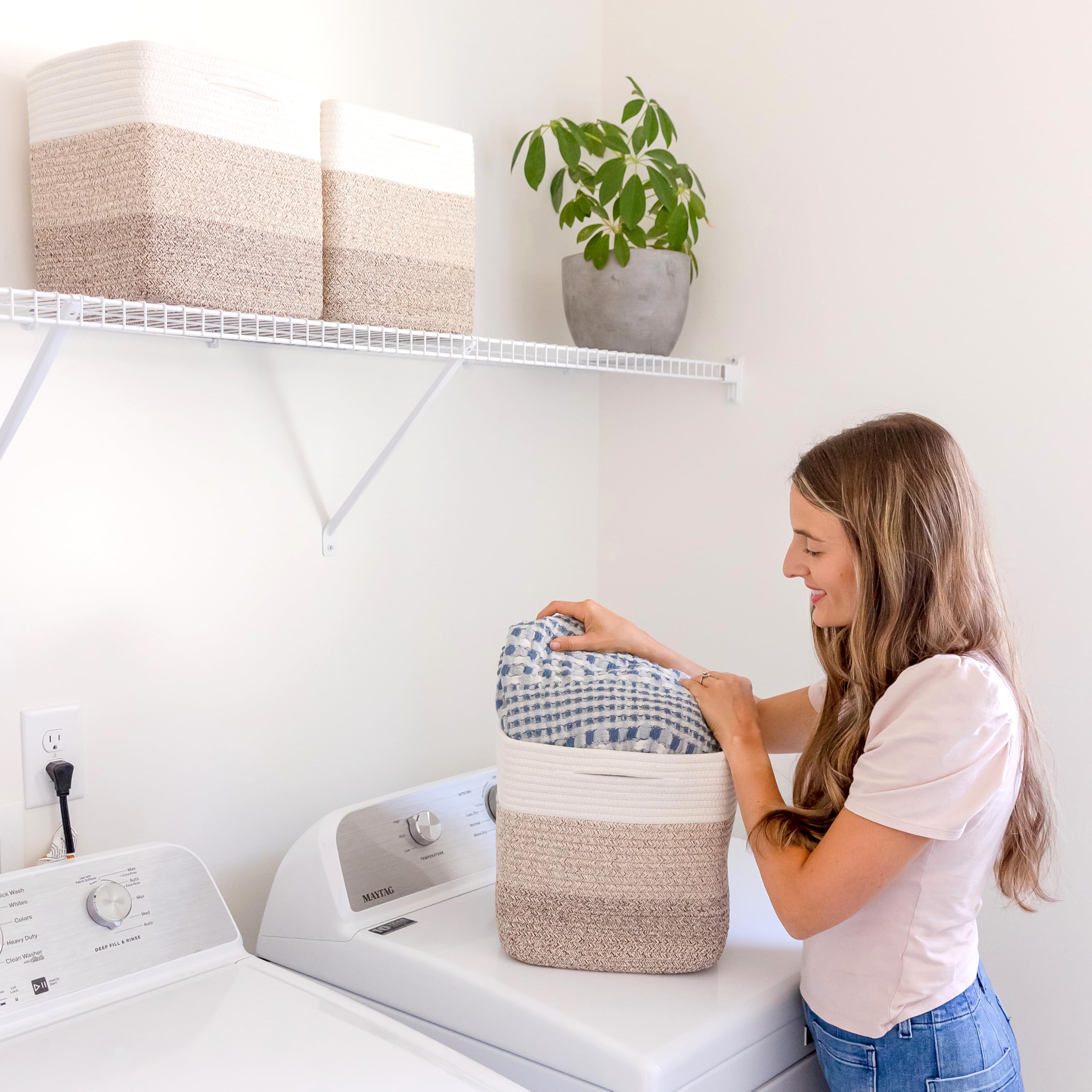 NaturalCozy classroom organization with square storage baskets.