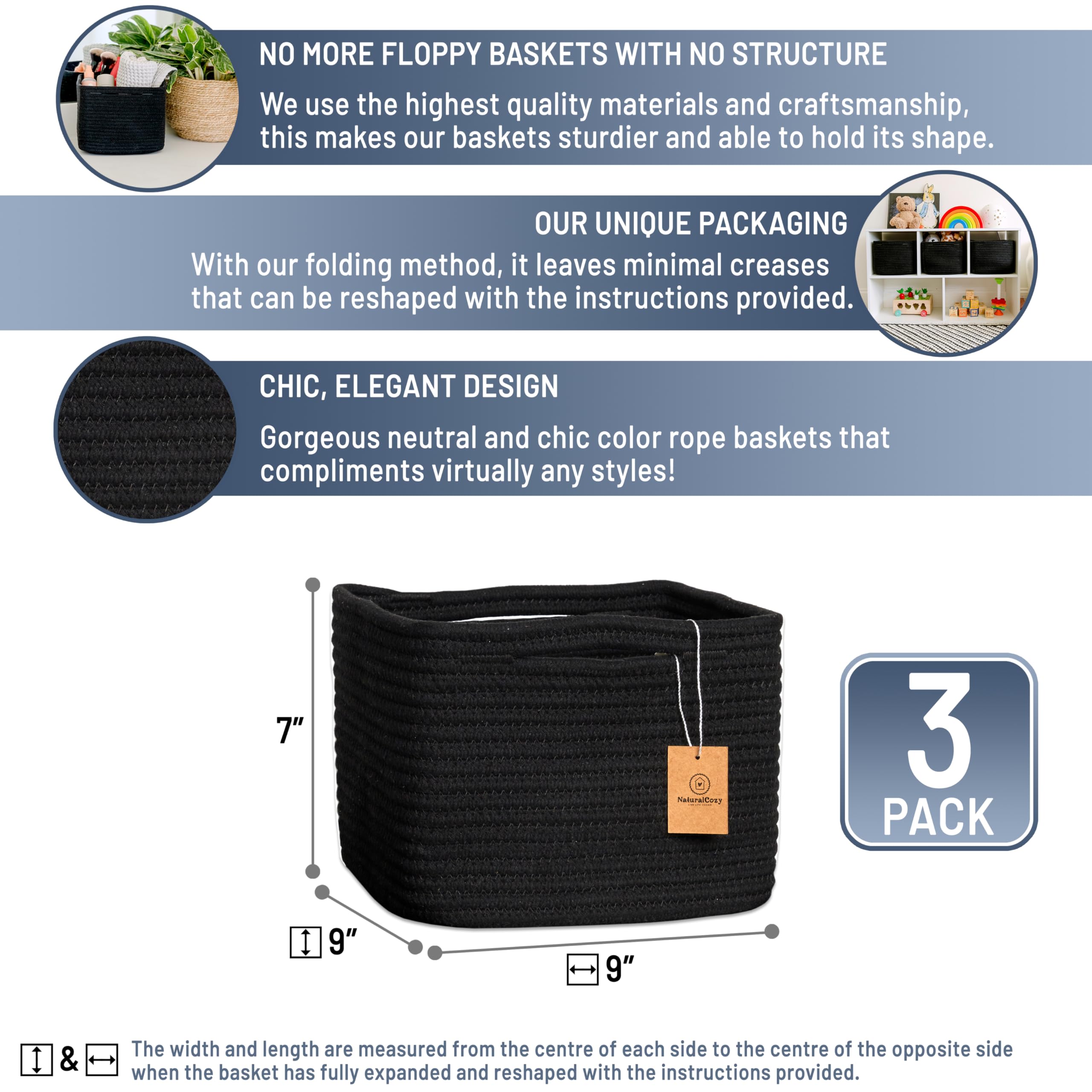 NaturalCozy cotton rope basket folding method shows easy shaping for storage.