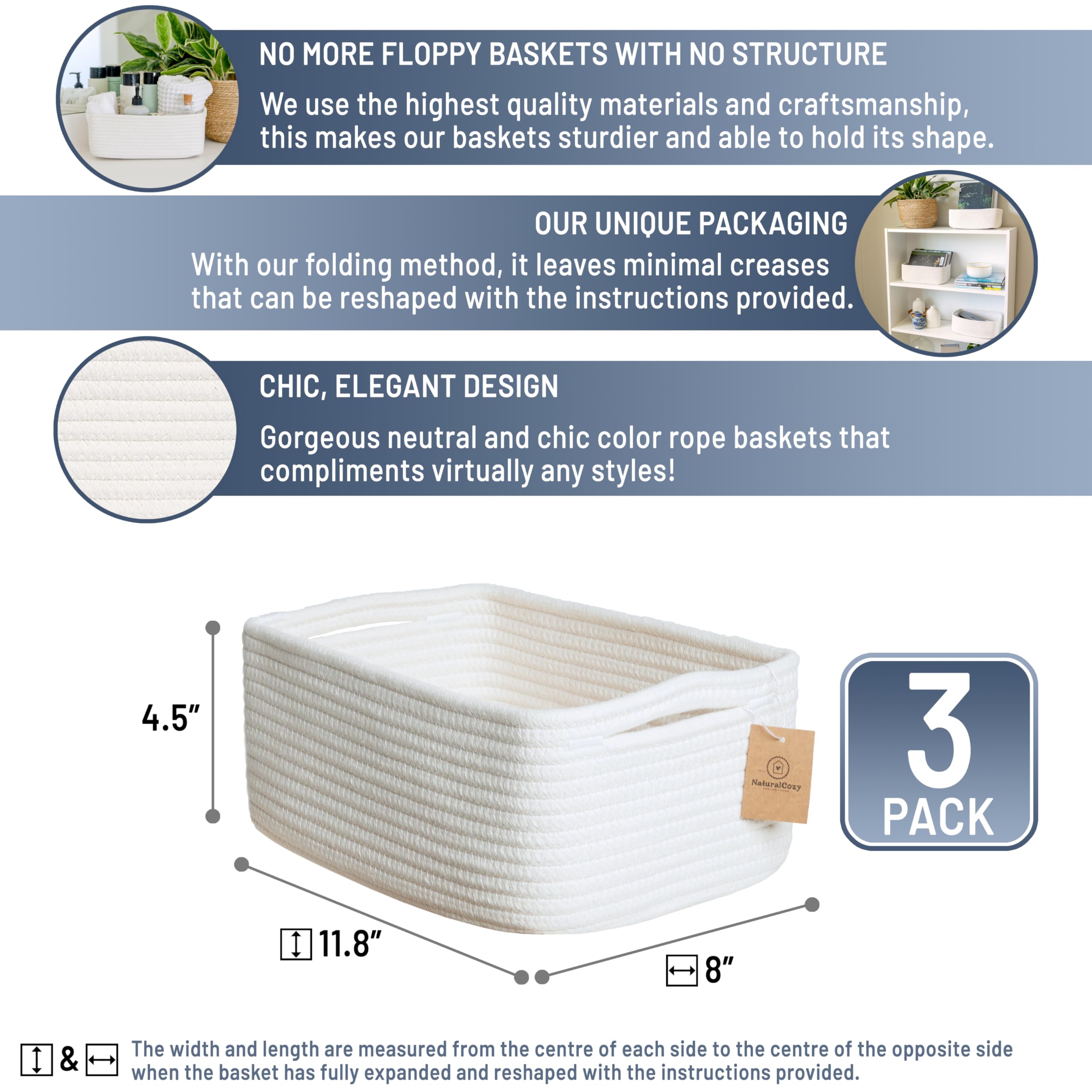 NaturalCozy cotton rope bin on closet shelf for neat clothing and accessories.