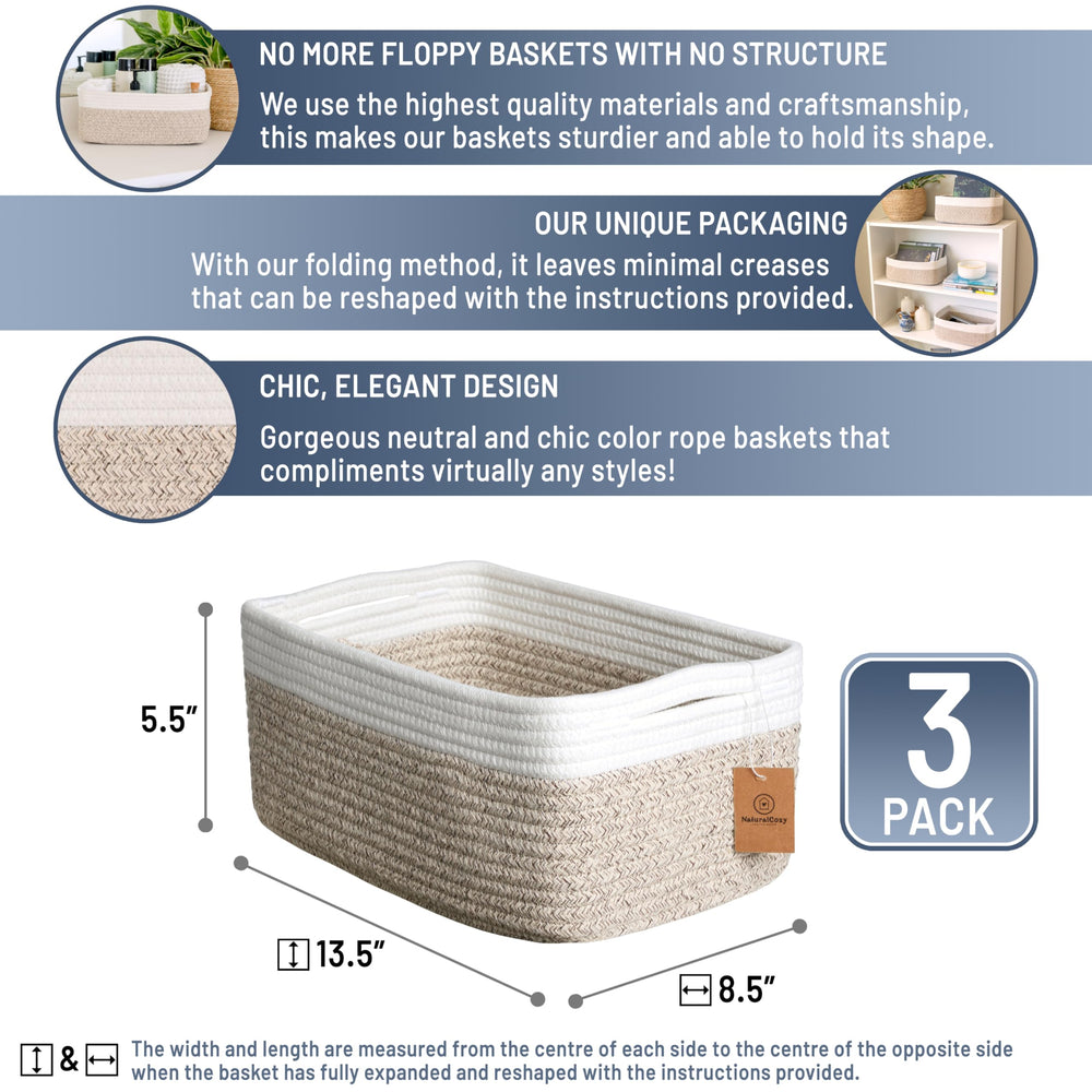 NaturalCozy cotton rope bins in nursery set offer sturdy organizers with soft, safe material.