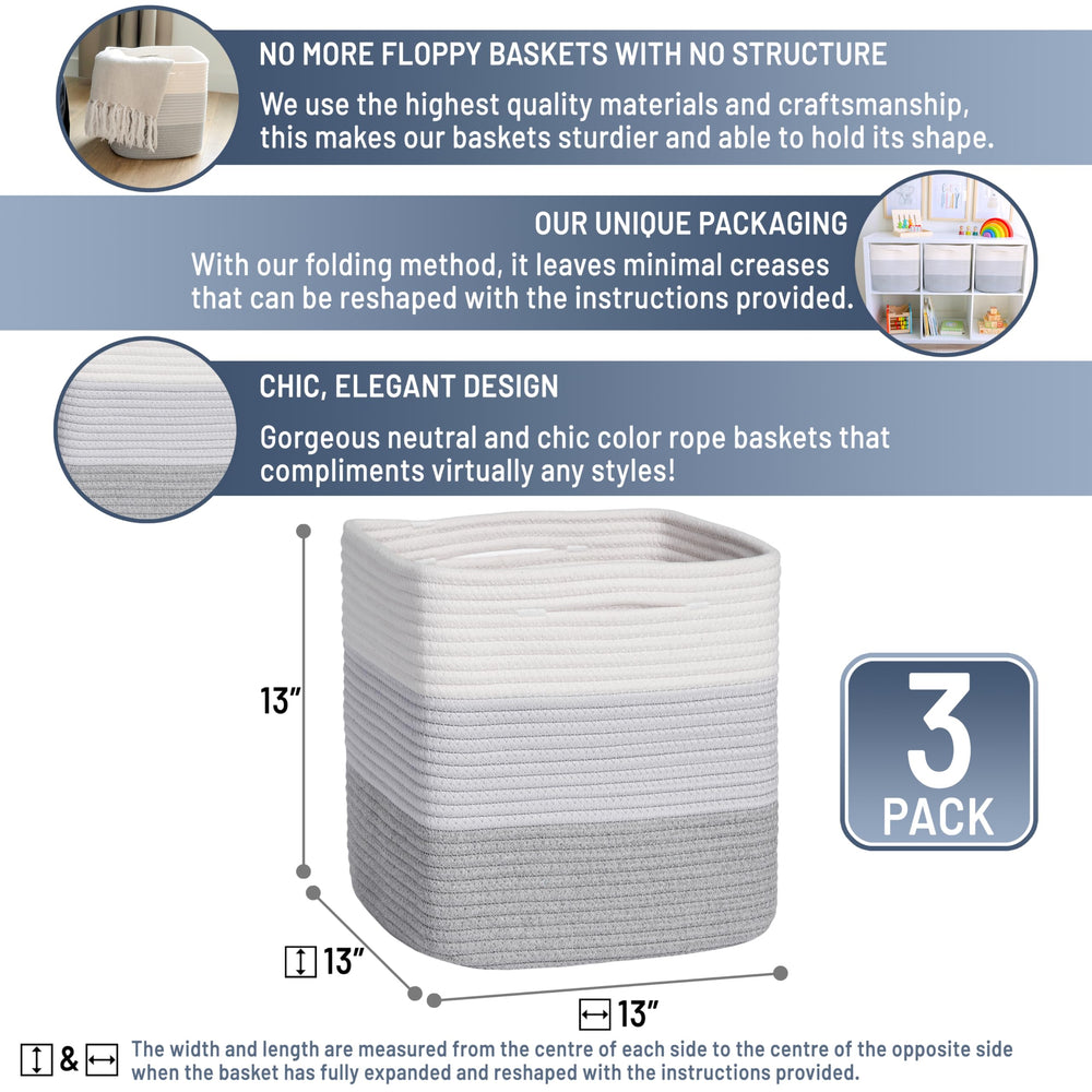 NaturalCozy cotton rope storage basket 3-pack ideal for toys and blankets.