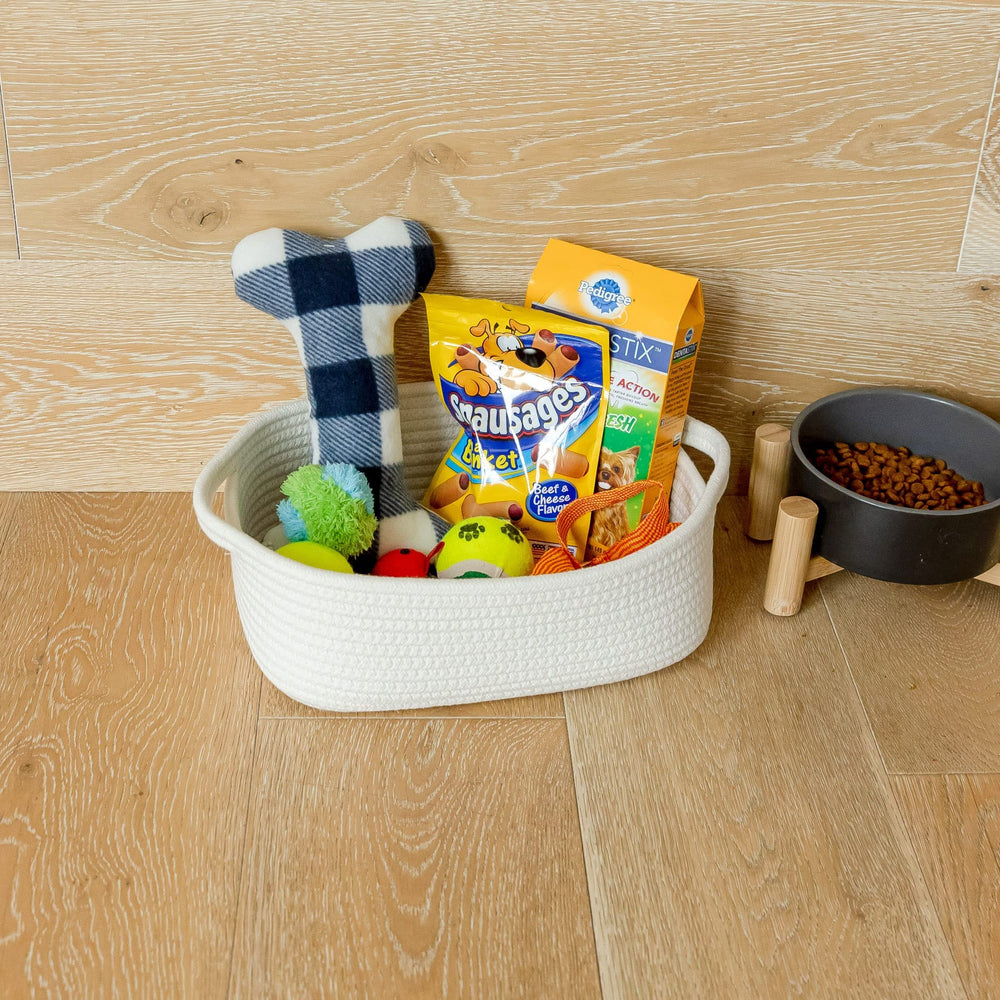 NaturalCozy dog toy storage basket keeps pet toys organized.