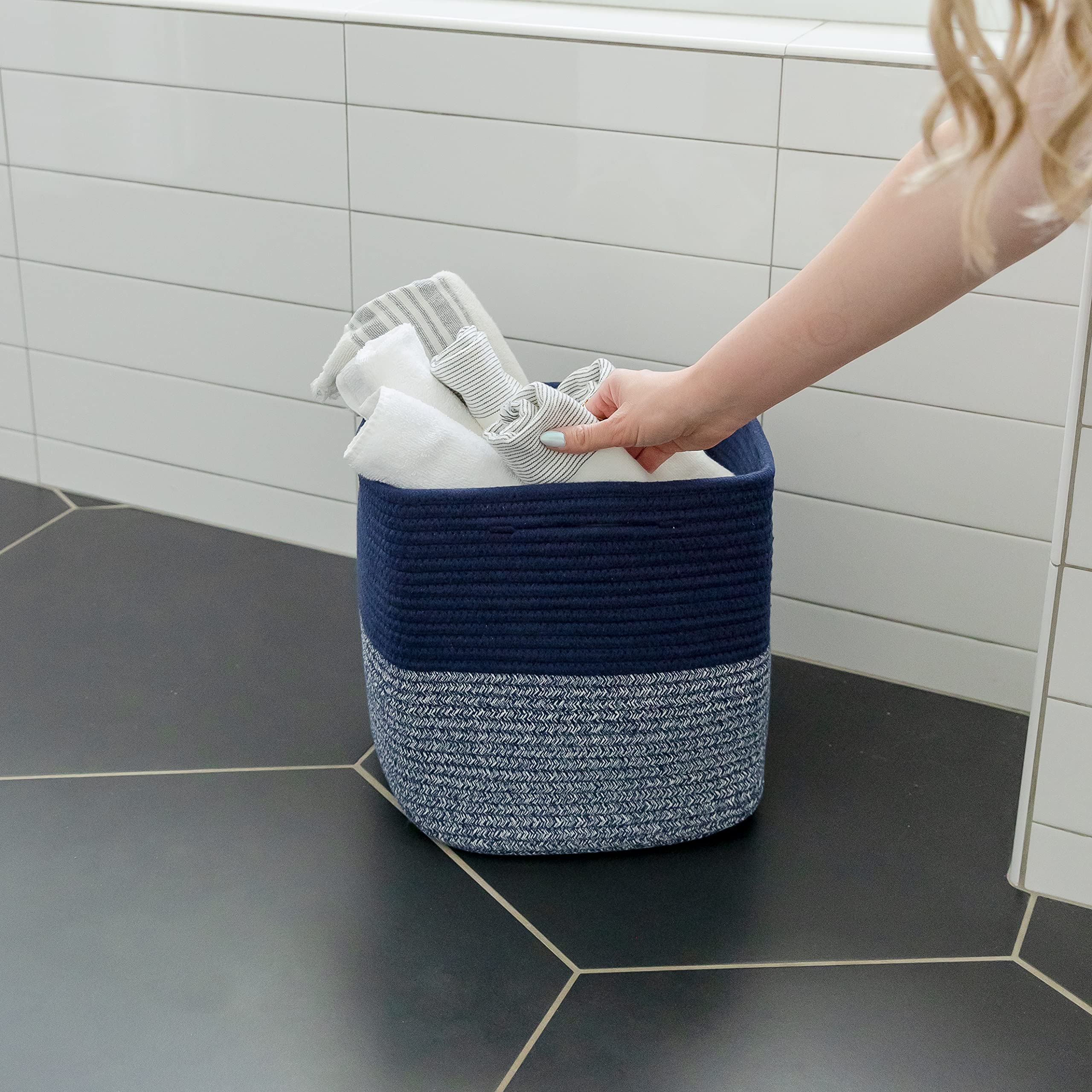 NaturalCozy hidden-handles cube basket closeup showing seamless integration.