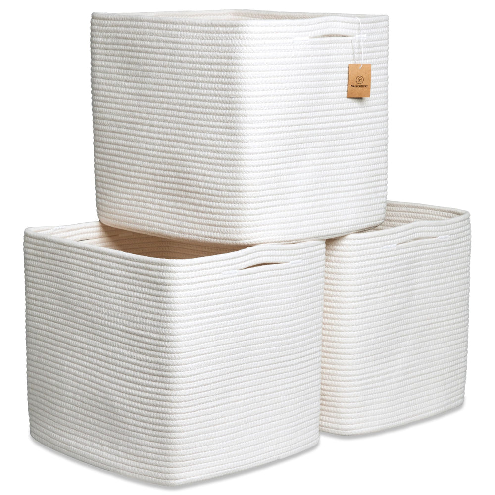NaturalCozy Kallax bin made of cotton rope folds neatly for tidy toy storage