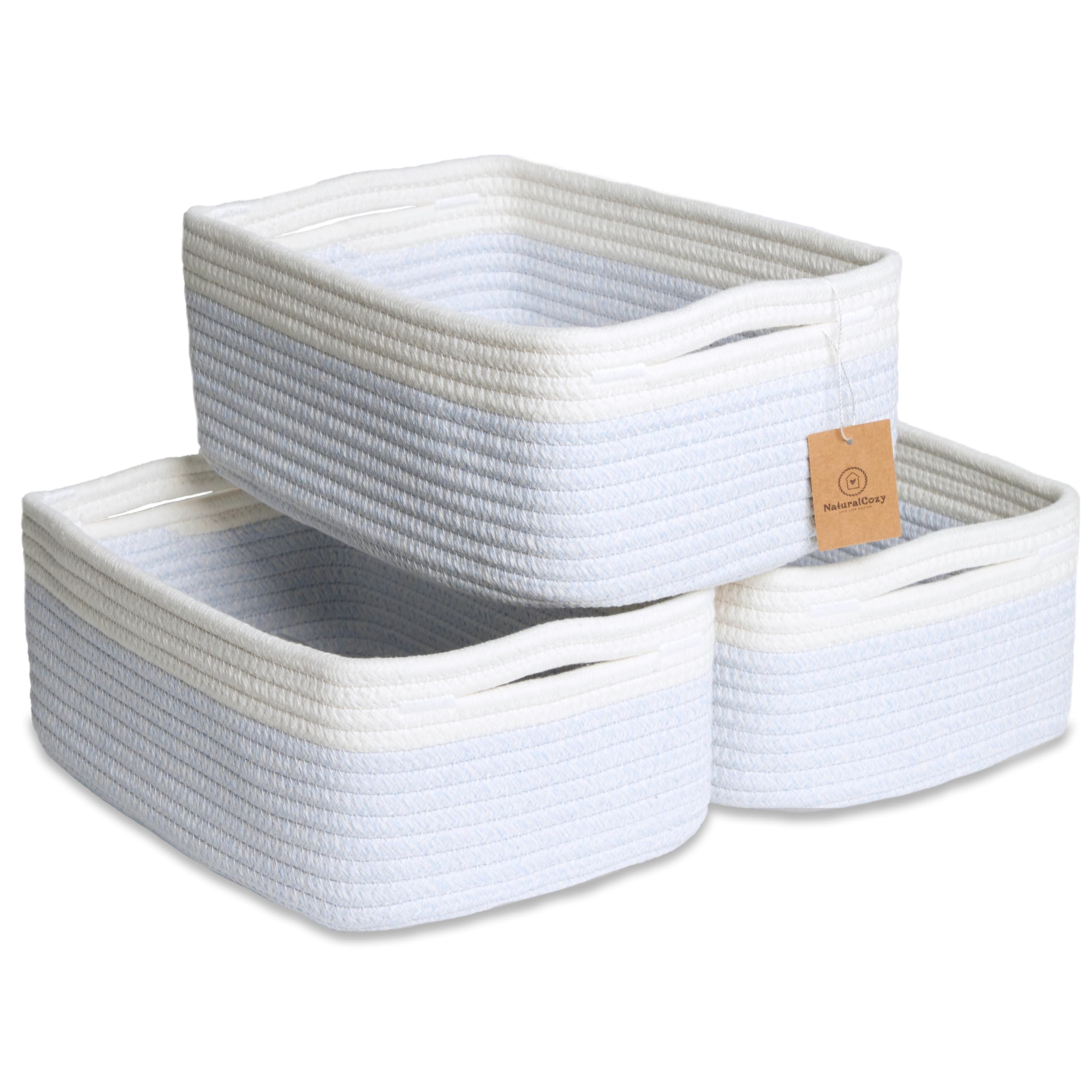 NaturalCozy rectangle basket 3-pack on shelf for compact storage.