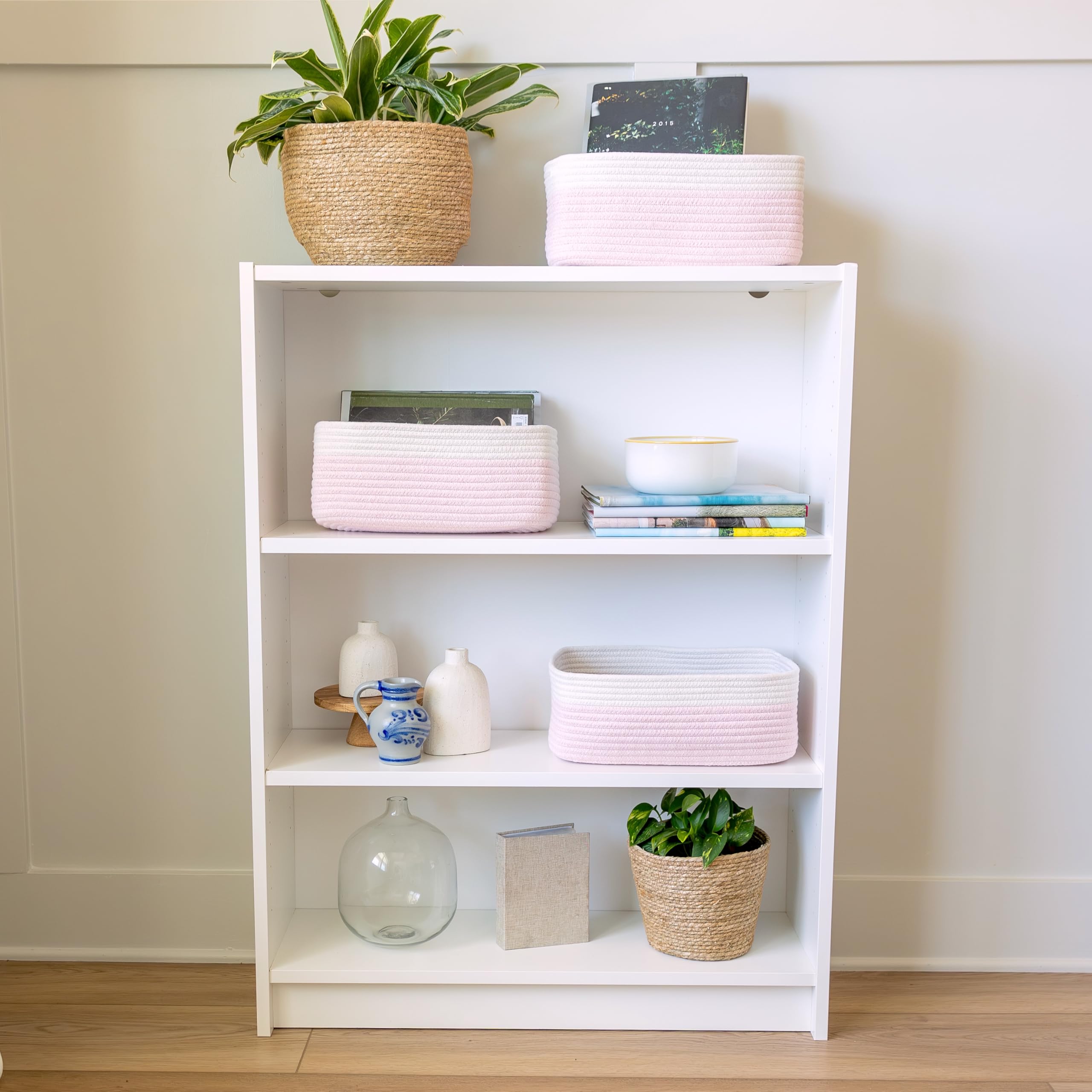 NaturalCozy baskets on bathroom shelves stay tidy and accessible.