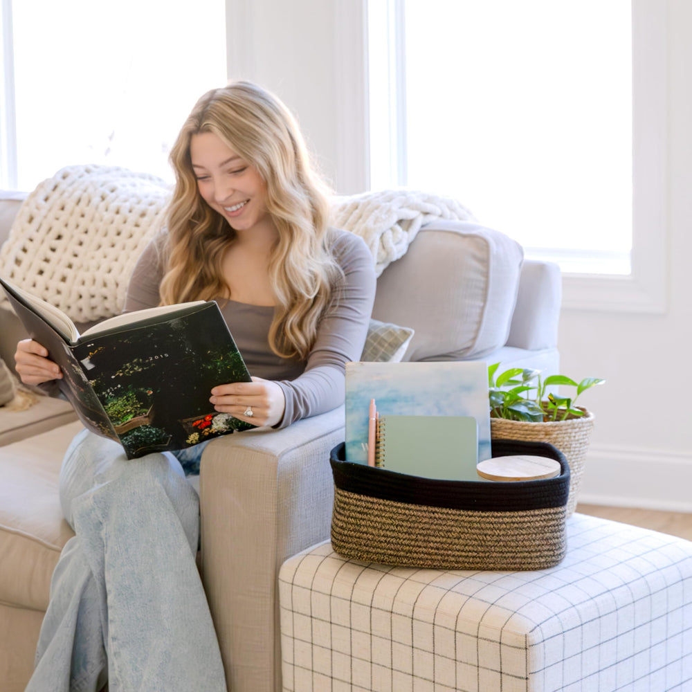 NaturalCozy bathroom basket helps tidy towels and small toiletries.