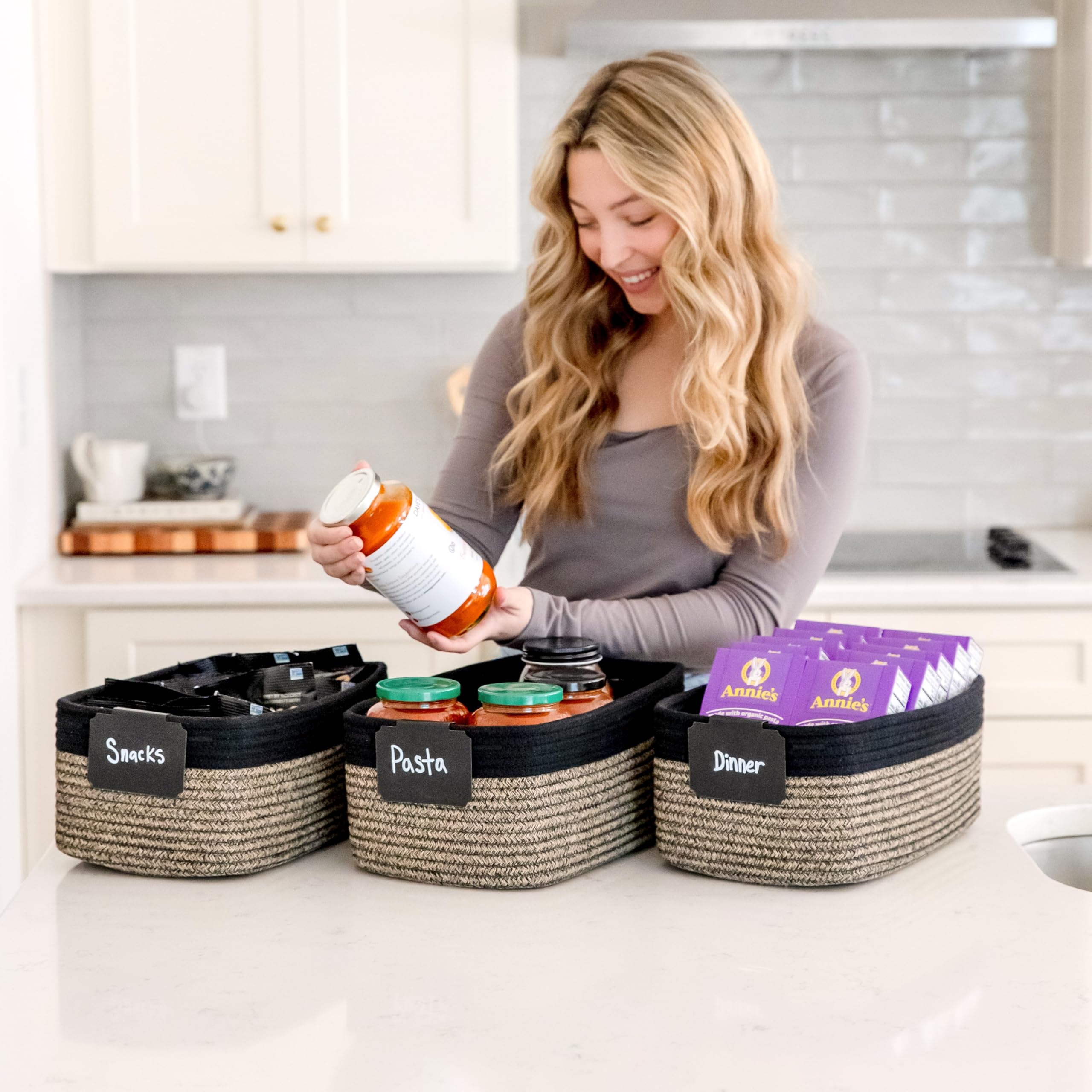 NaturalCozy rectangle basket hidden handles blend in for clean look.