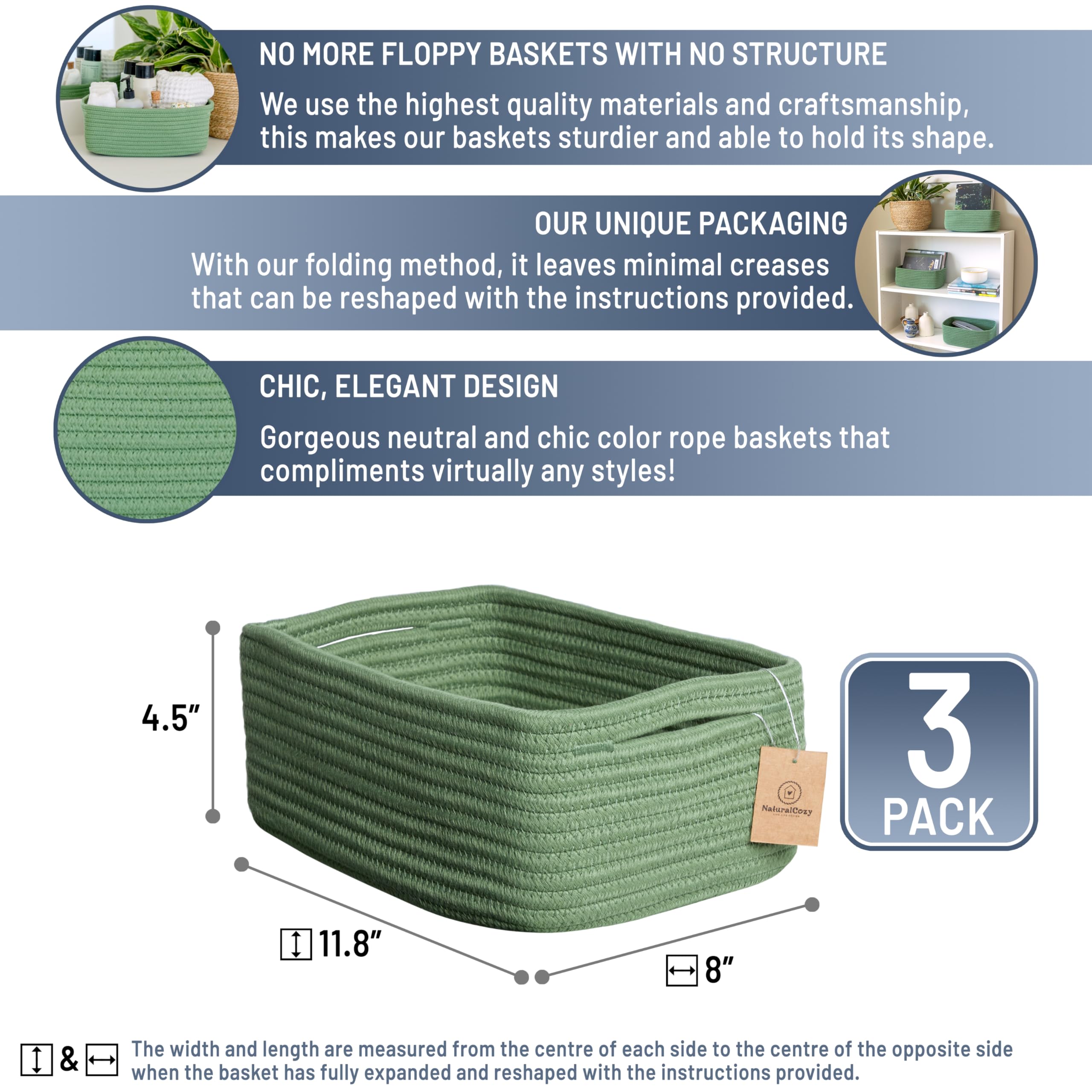 NaturalCozy basket with hidden reinforced handles for easy lifting.