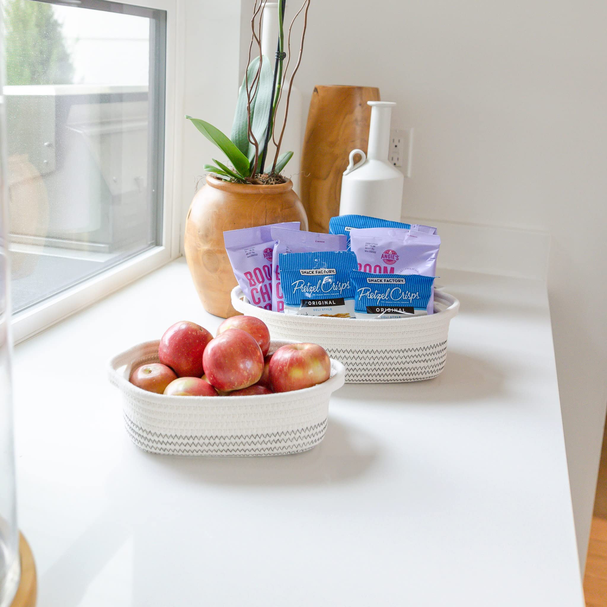 NaturalCozy medium rectangle basket organized on a kitchen counter for snacks