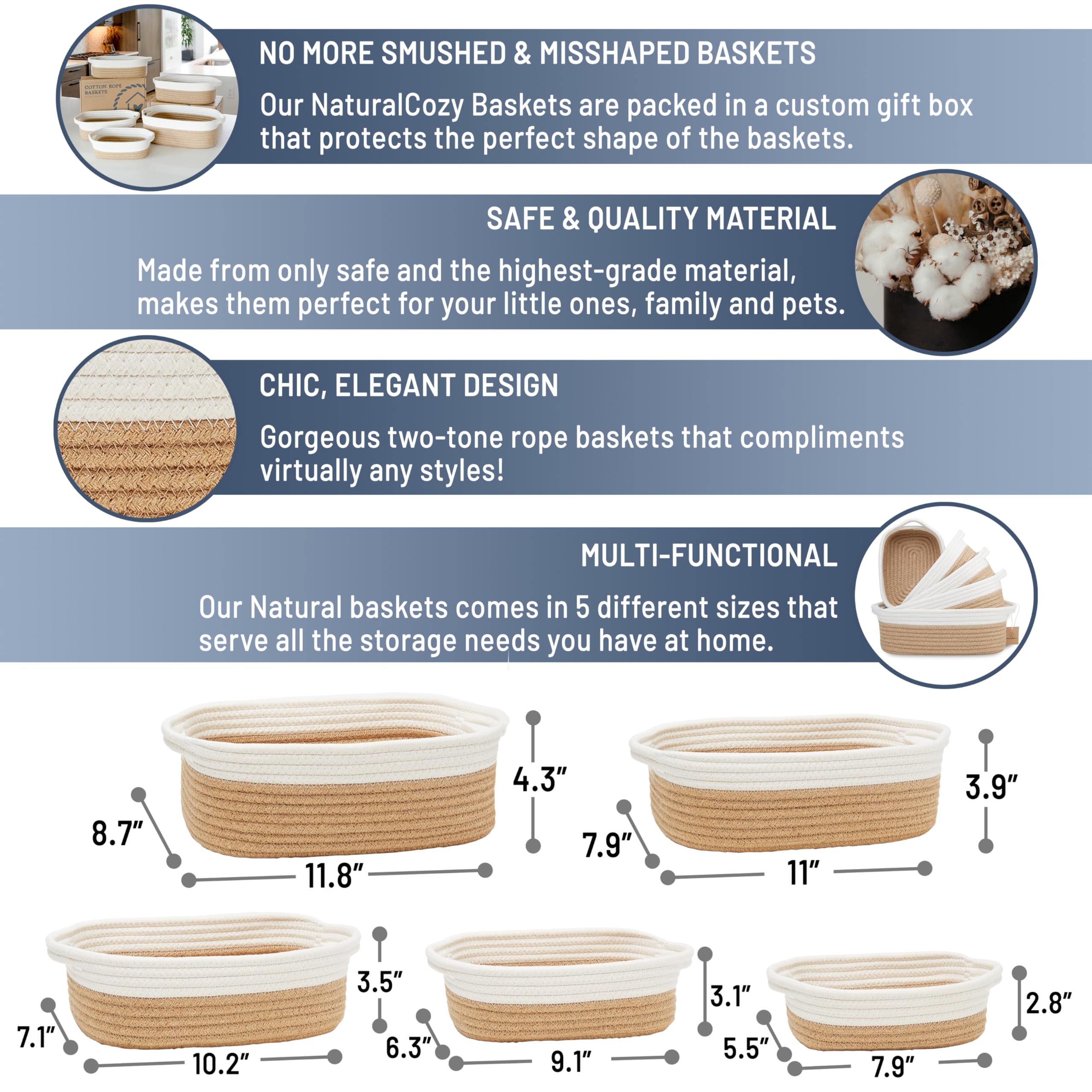 NaturalCozy largest rectangle basket displayed on a shelf for Montessori displays.