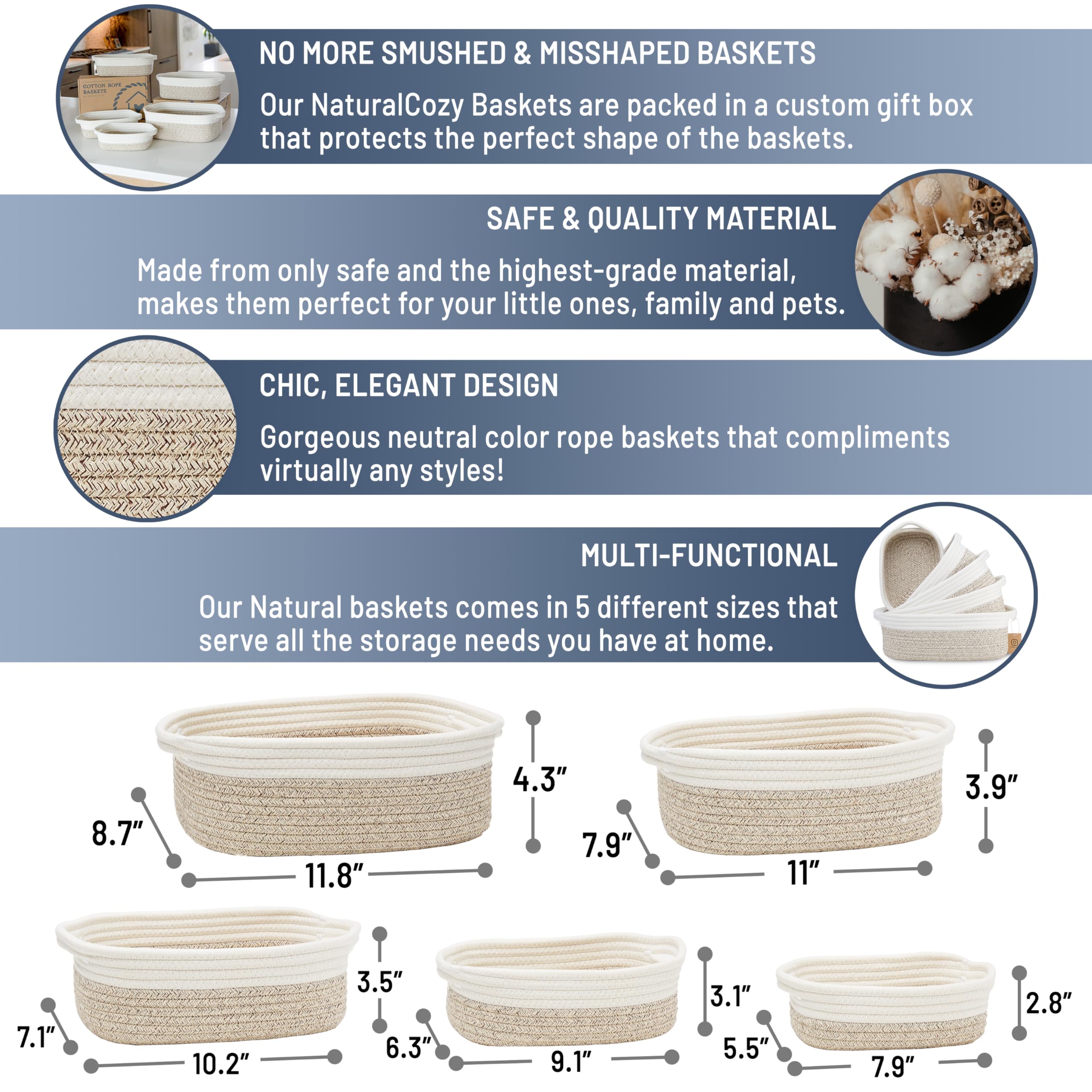 NaturalCozy rectangle basket set mid-size storage basket for bathroom towels and tidy spaces.