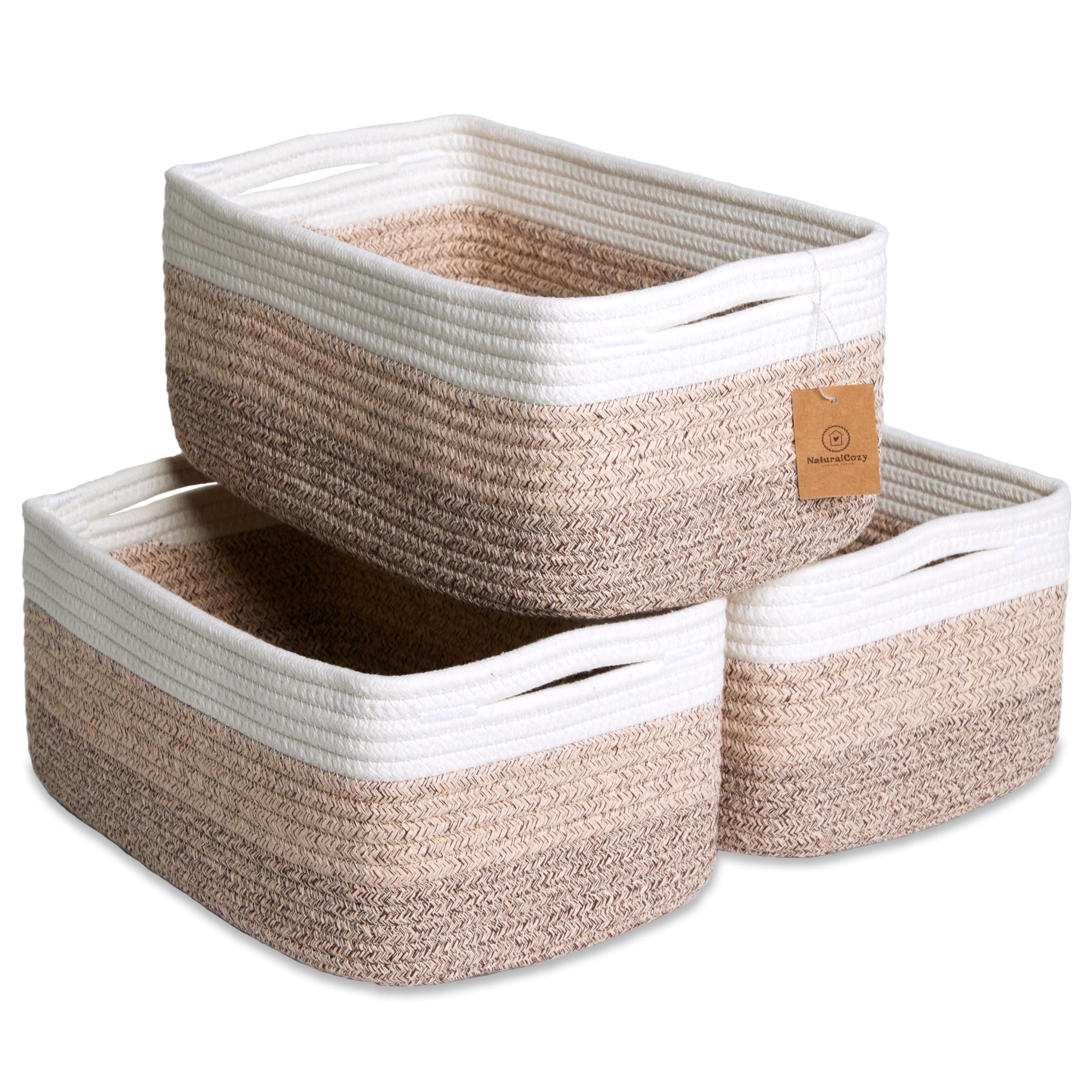 NaturalCozy rectangle rope basket on a shelf for organized storage.