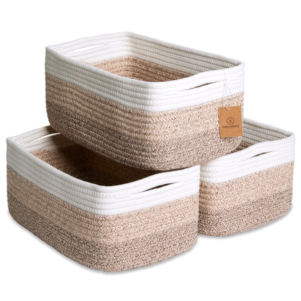 NaturalCozy rectangle rope basket on a shelf for organized storage.