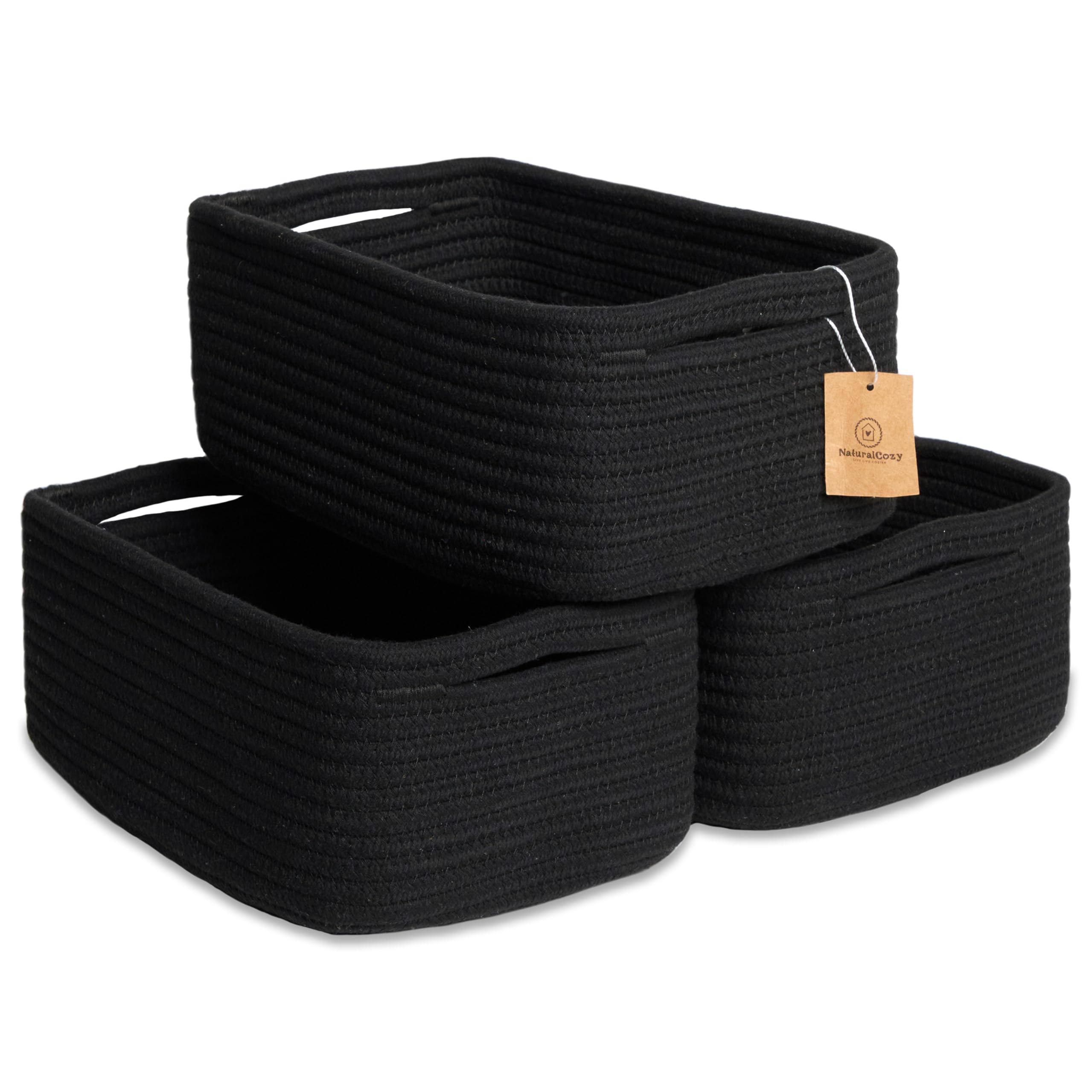 NaturalCozy rectangle storage baskets three-pack on shelf keep toys neatly organized.