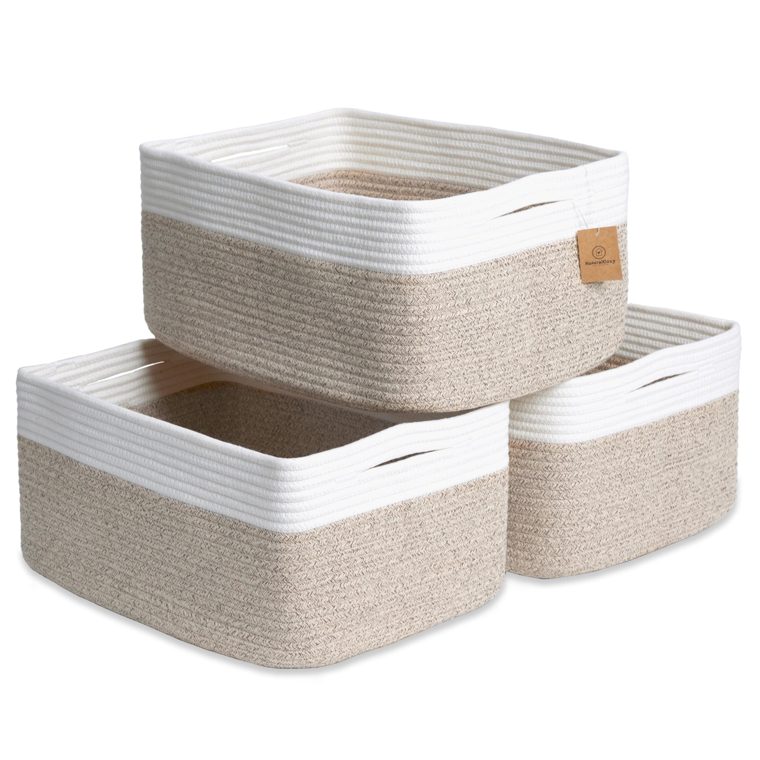 NaturalCozy rectangular rope basket for shelf organization and toy storage
