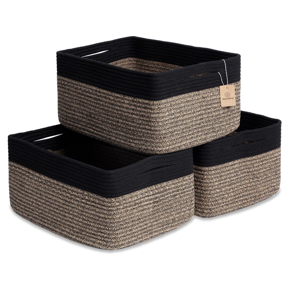 NaturalCozy storage baskets on shelf in a 3-pack for organized toy storage.