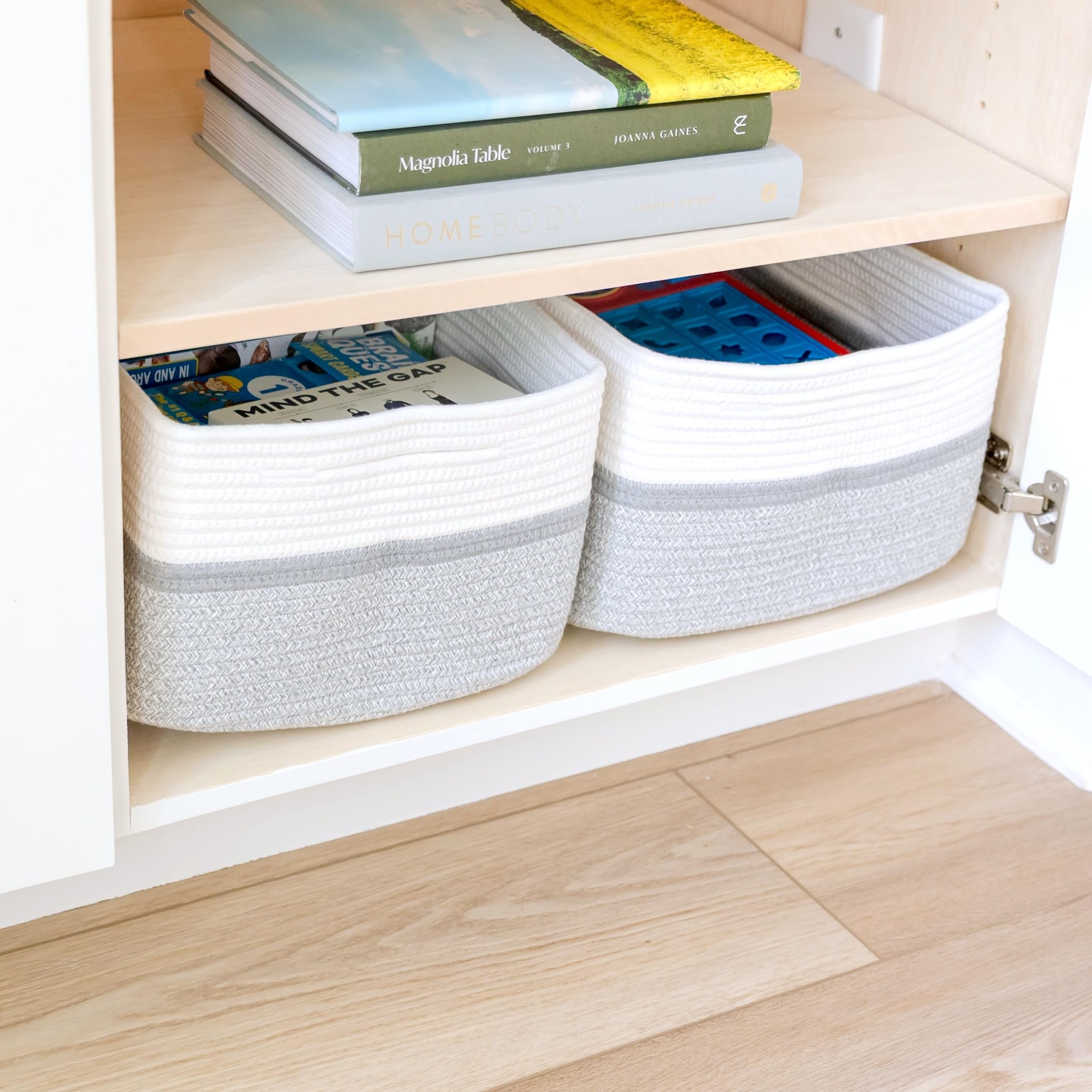 NaturalCozy baskets shown on a shelf delivering tidy space and easy access.