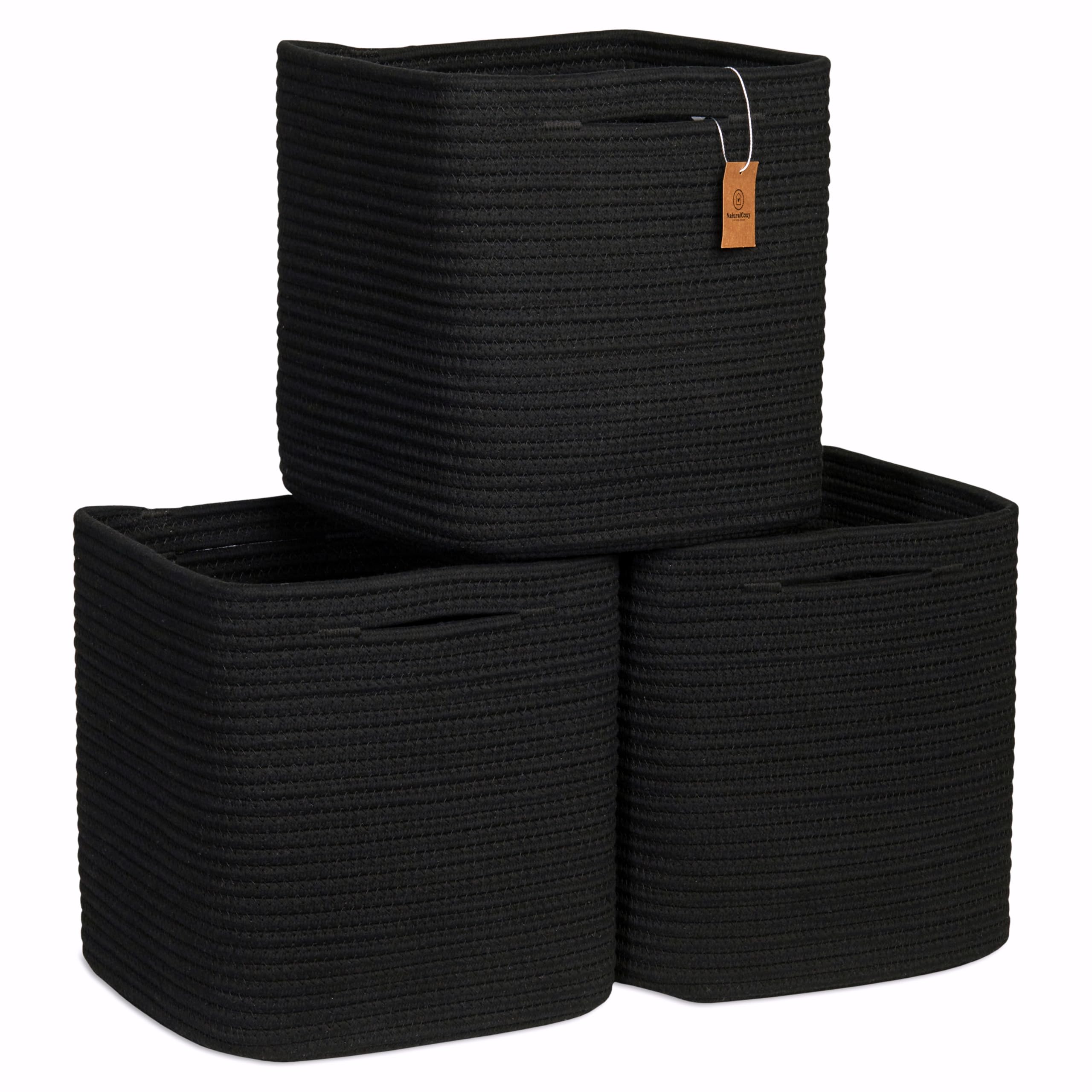 NaturalCozy storage cubes on shelf with sturdy cotton rope weave for organized closets.