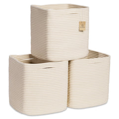 NaturalCozy 11in cotton rope basket demonstrates easy folding for tidy spaces.