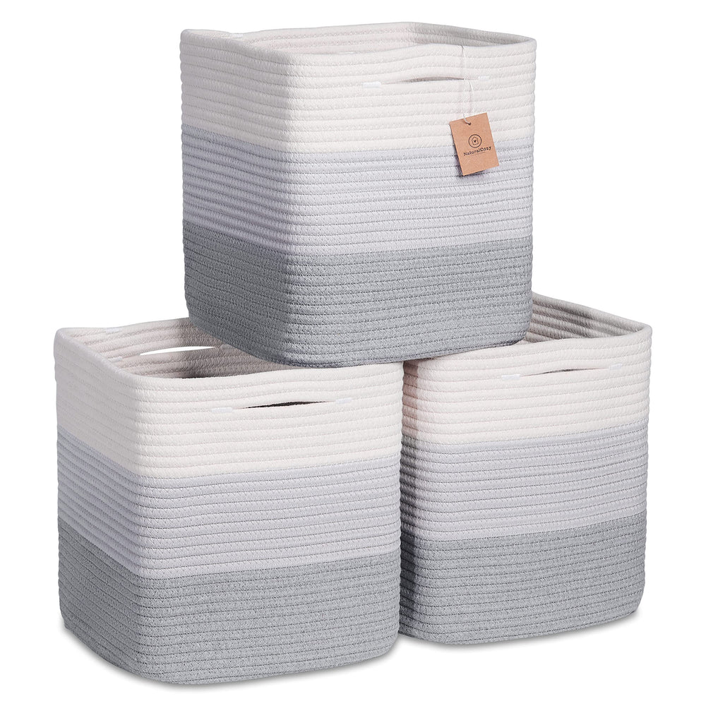 NaturalCozy storage cubes folded neatly for compact shelf organization.