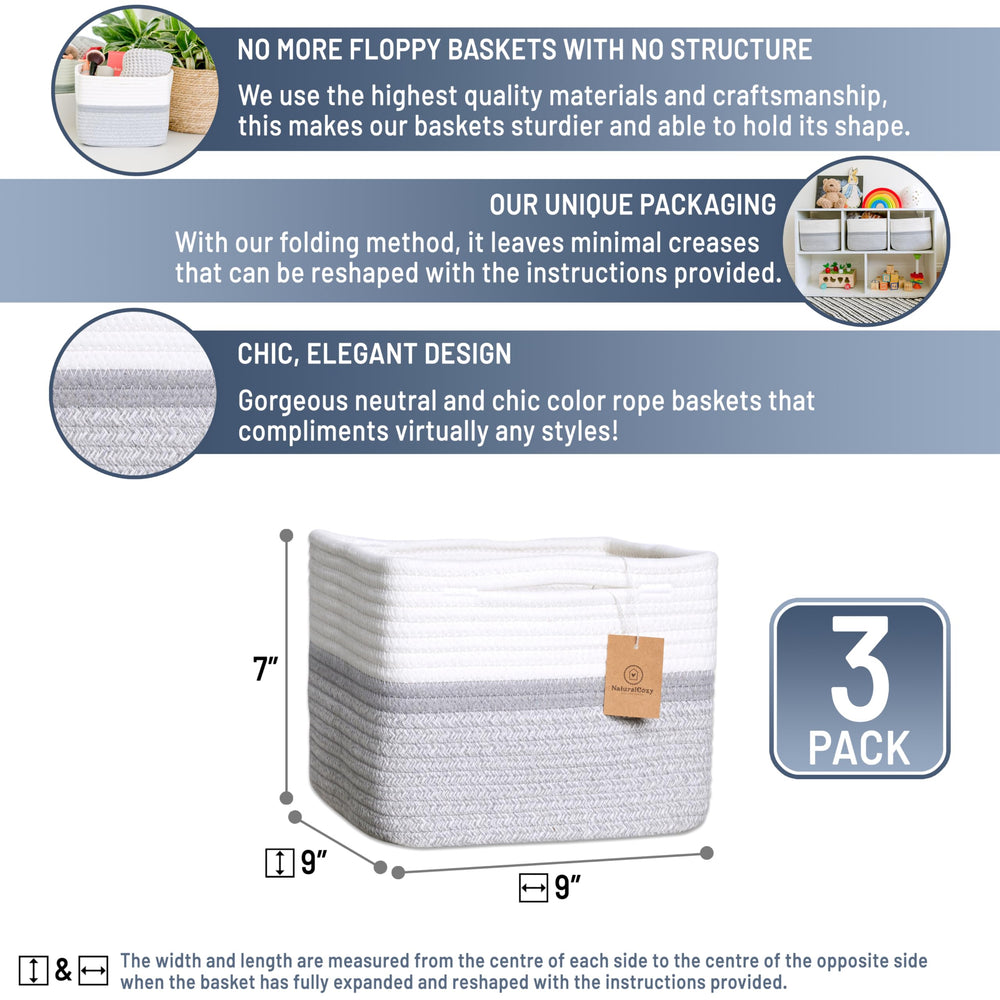 NaturalCozy 3-pack cotton rope baskets ready for nursery or pantry use.