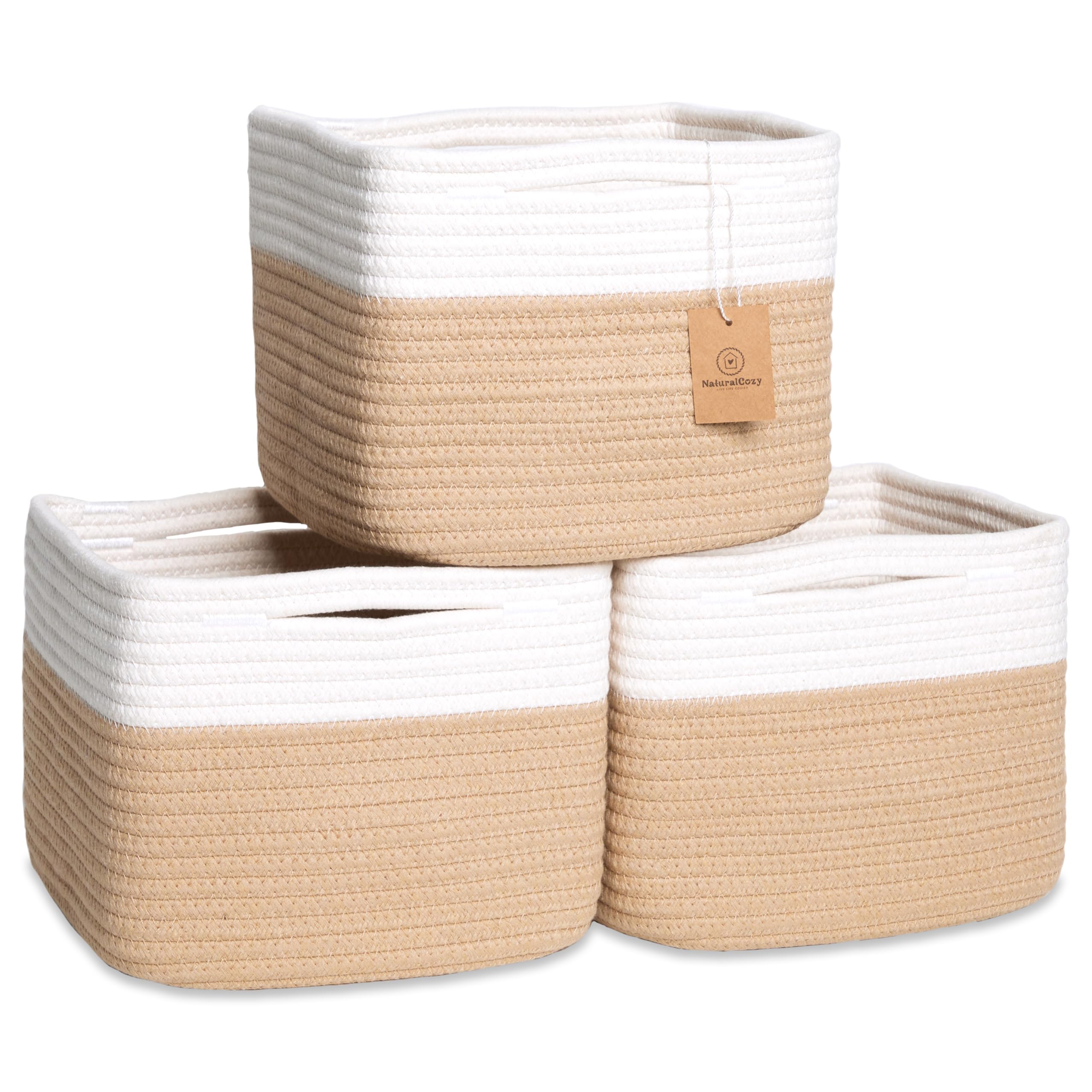 NaturalCozy storage cube on shelf showing a firm, neat shape for organized space.