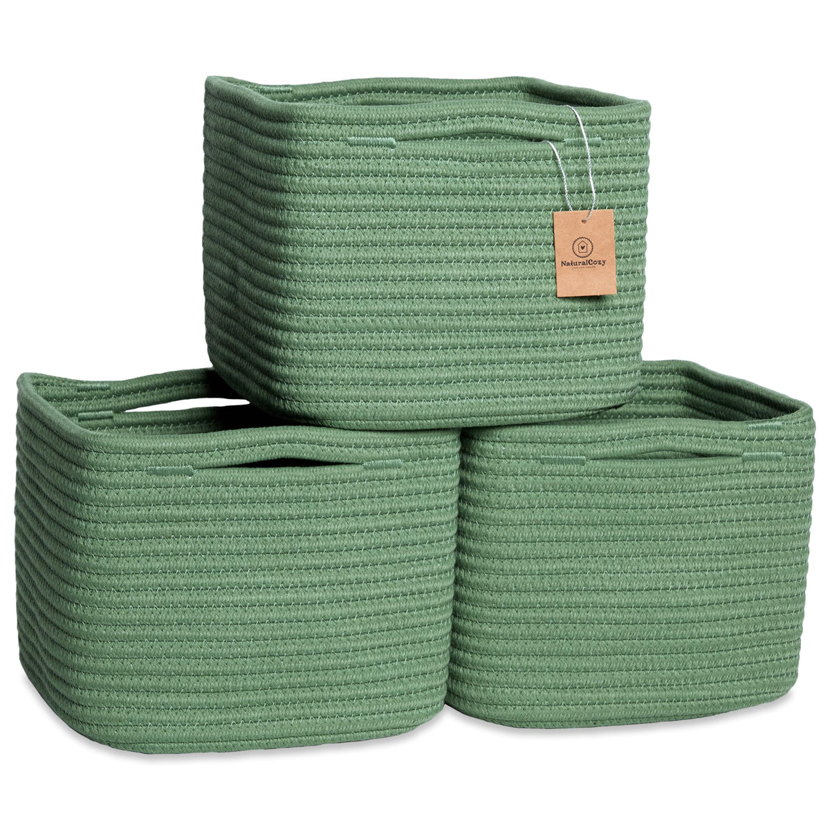 NaturalCozy storage cubes front view on a shelf showing compact 9x9x7 design for neat storage