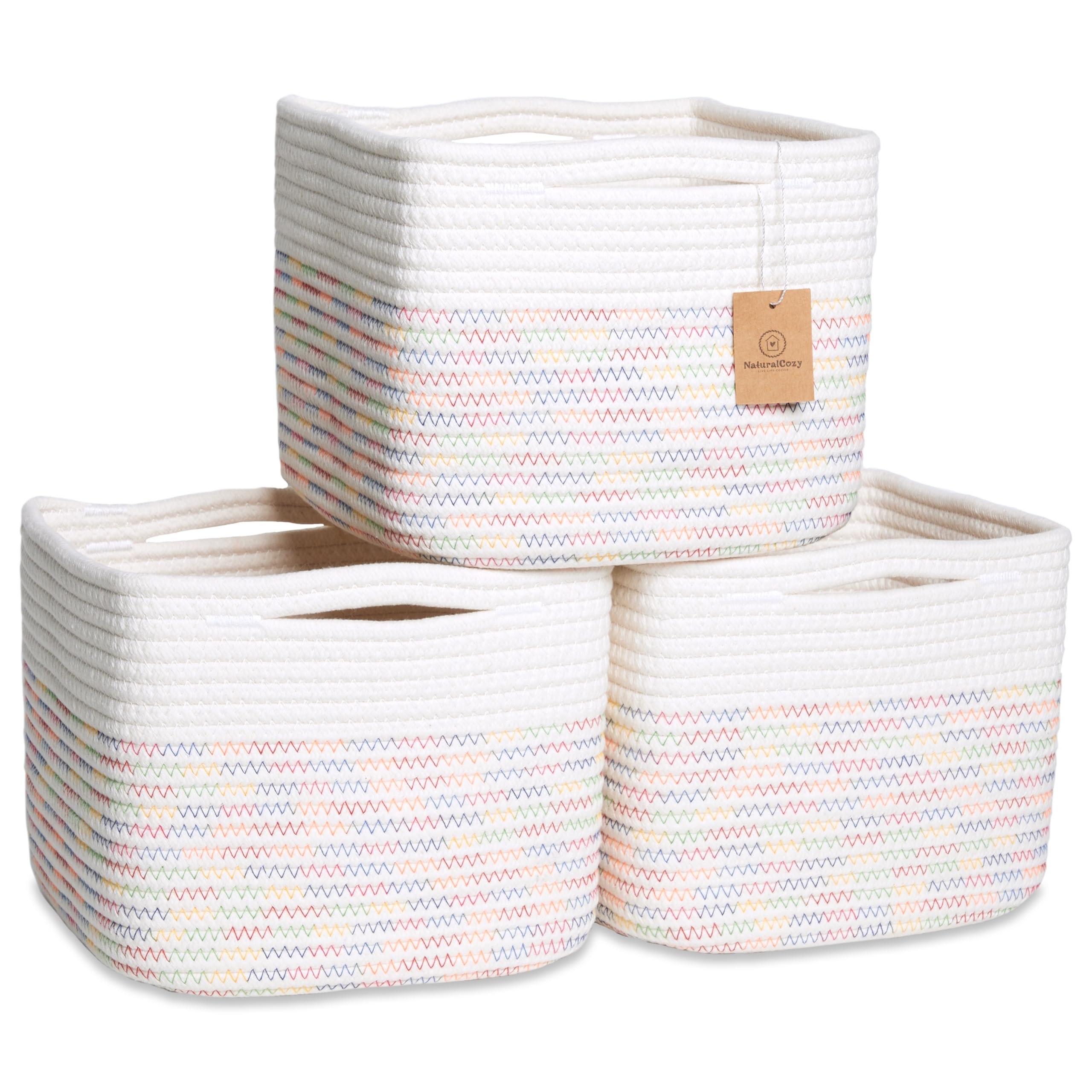 NaturalCozy 9x9x7 cotton rope storage basket on a shelf keeps small items organized.