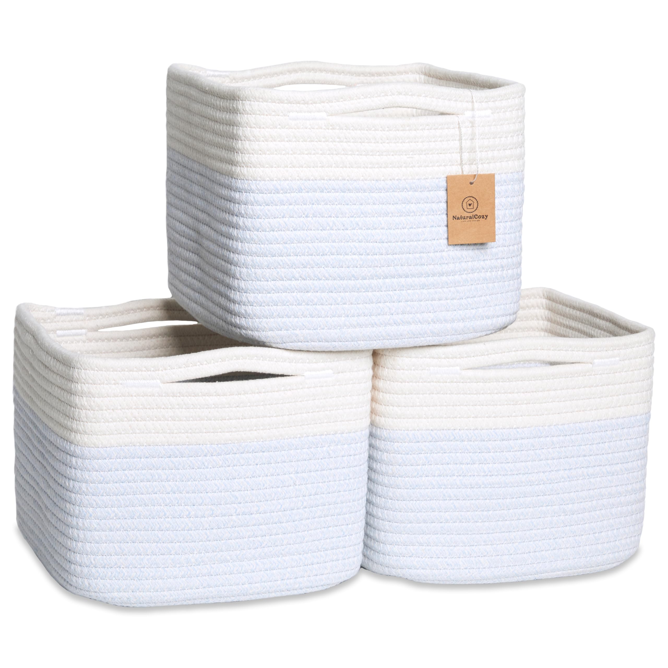 NaturalCozy storage cube on shelf keeps items neatly organized with sturdy 9x9x7 dimensions.