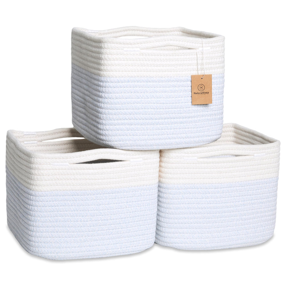 NaturalCozy storage cube on shelf keeps items neatly organized with sturdy 9x9x7 dimensions.