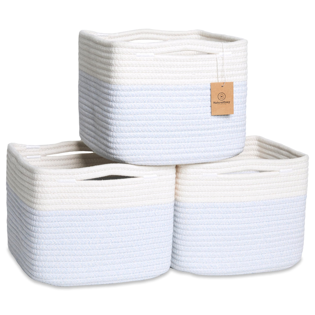 NaturalCozy storage cube on shelf keeps items neatly organized with sturdy 9x9x7 dimensions.