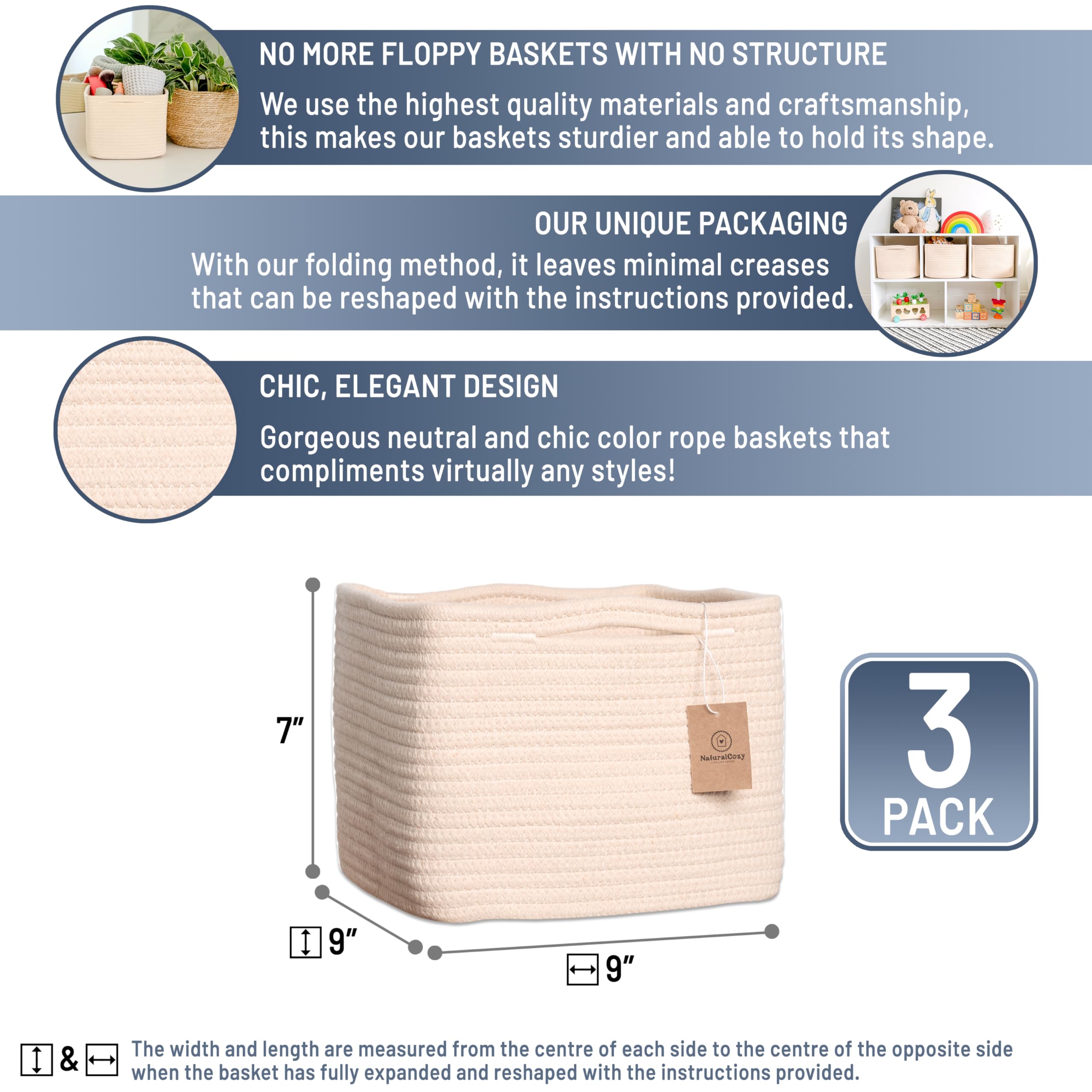 NaturalCozy 9x9x7 cube basket highlights sturdy cotton rope for durable storage