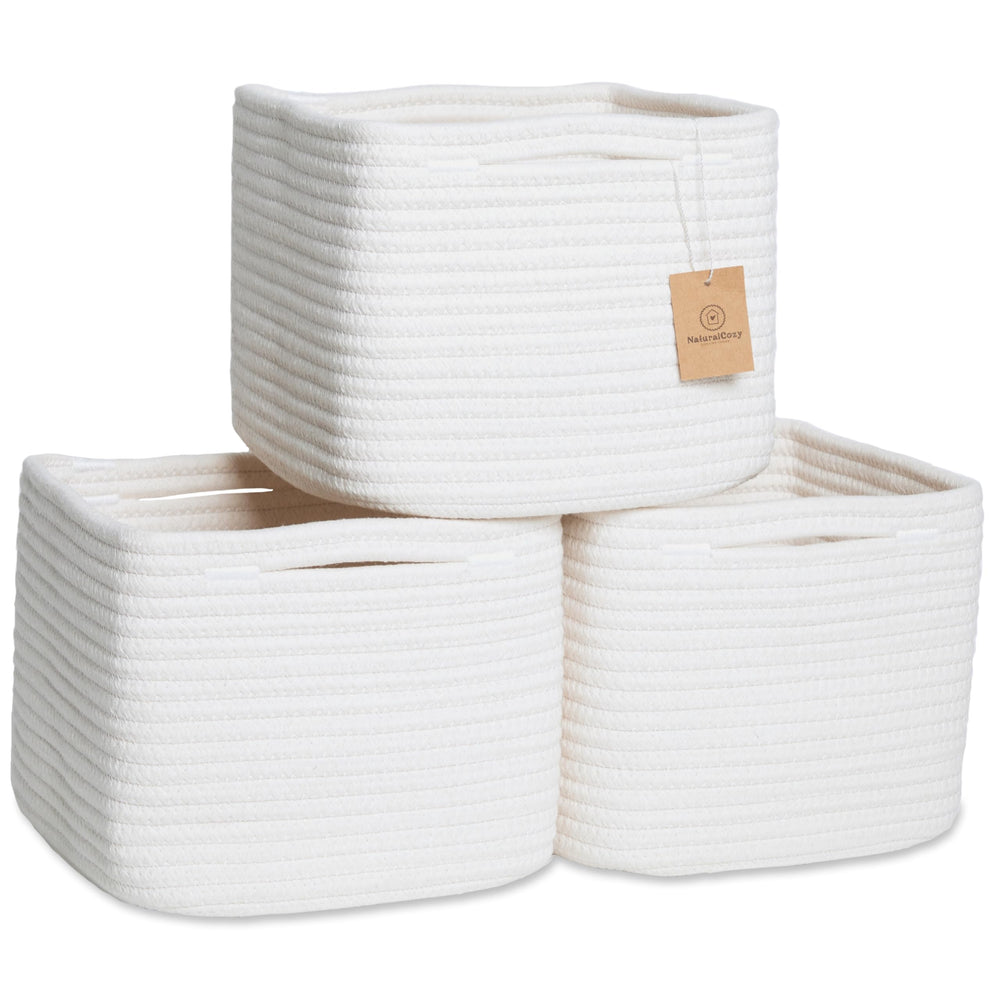 NaturalCozy storage cubes front view show sturdy cotton rope design for organized shelves.