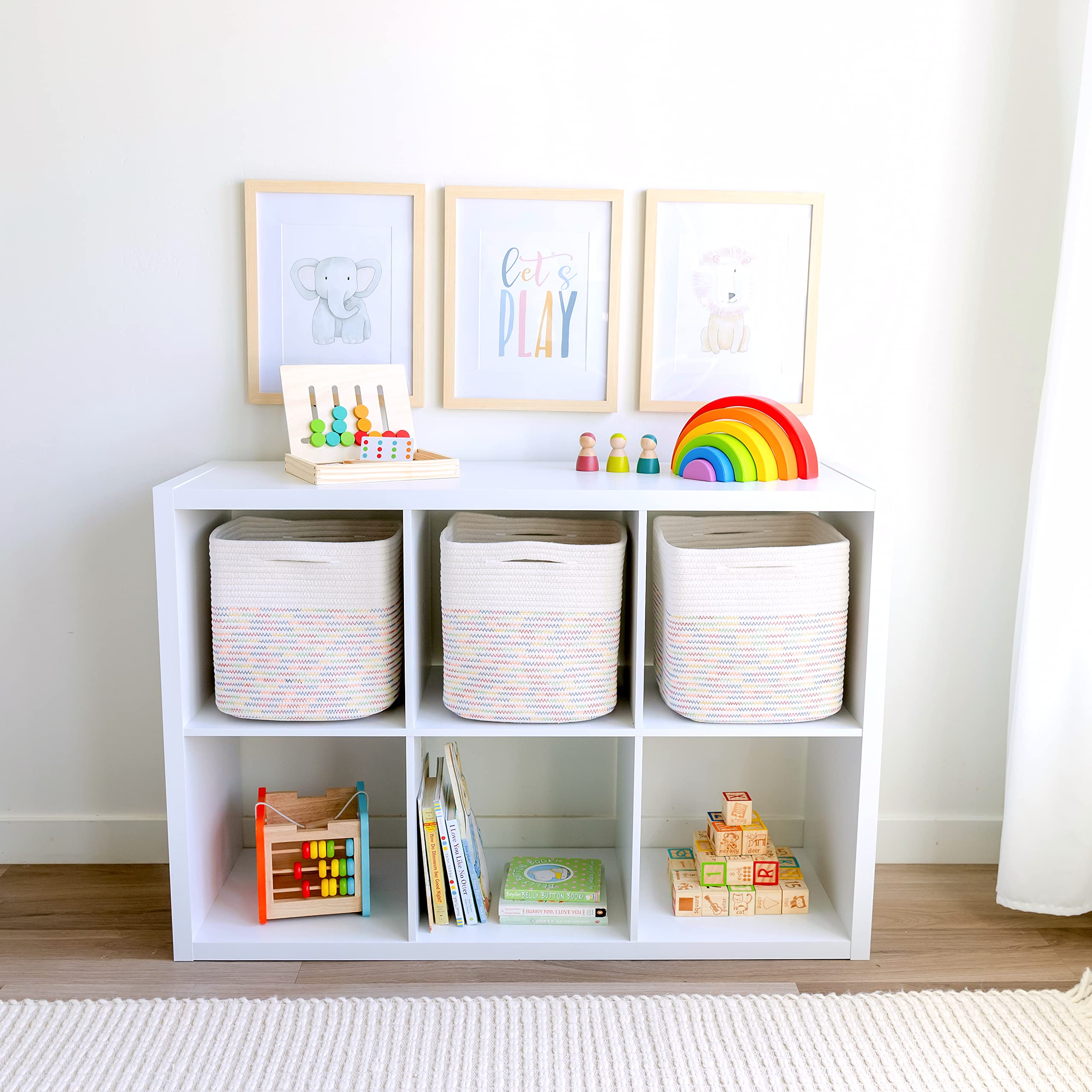 NaturalCozy Storage Cubes hidden handles for easy access on shelves.