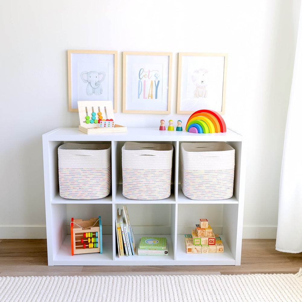 NaturalCozy Storage Cubes hidden handles for easy access on shelves.