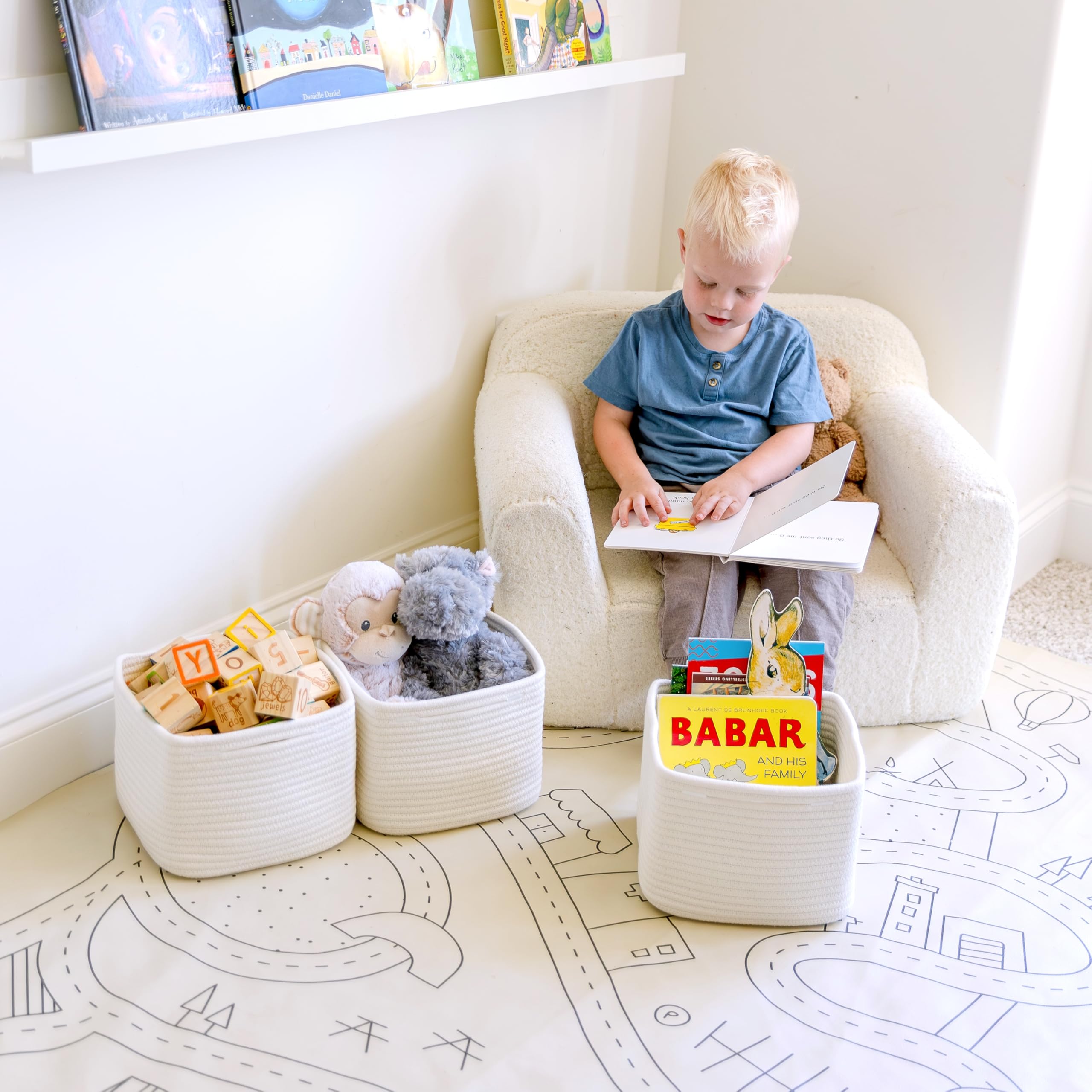 NaturalCozy storage cubes on shelf in nursery ideal for toy organization.