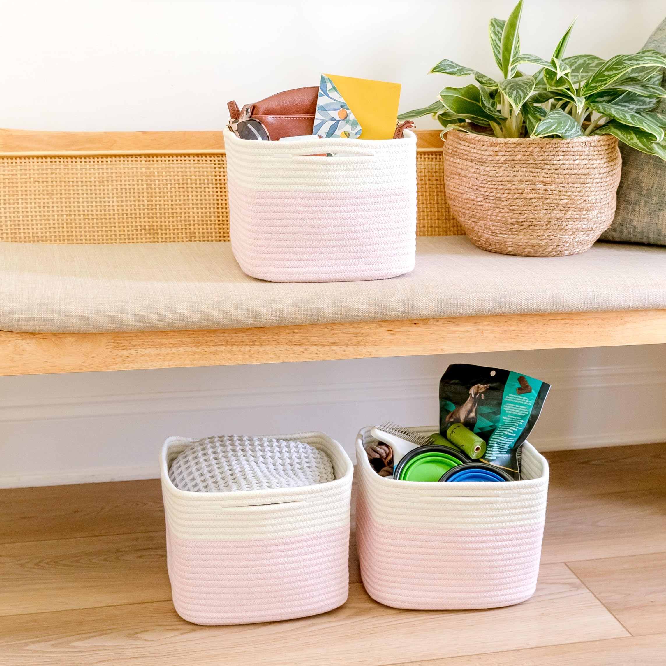 NaturalCozy storage cubes on shelf with toys and blankets.
