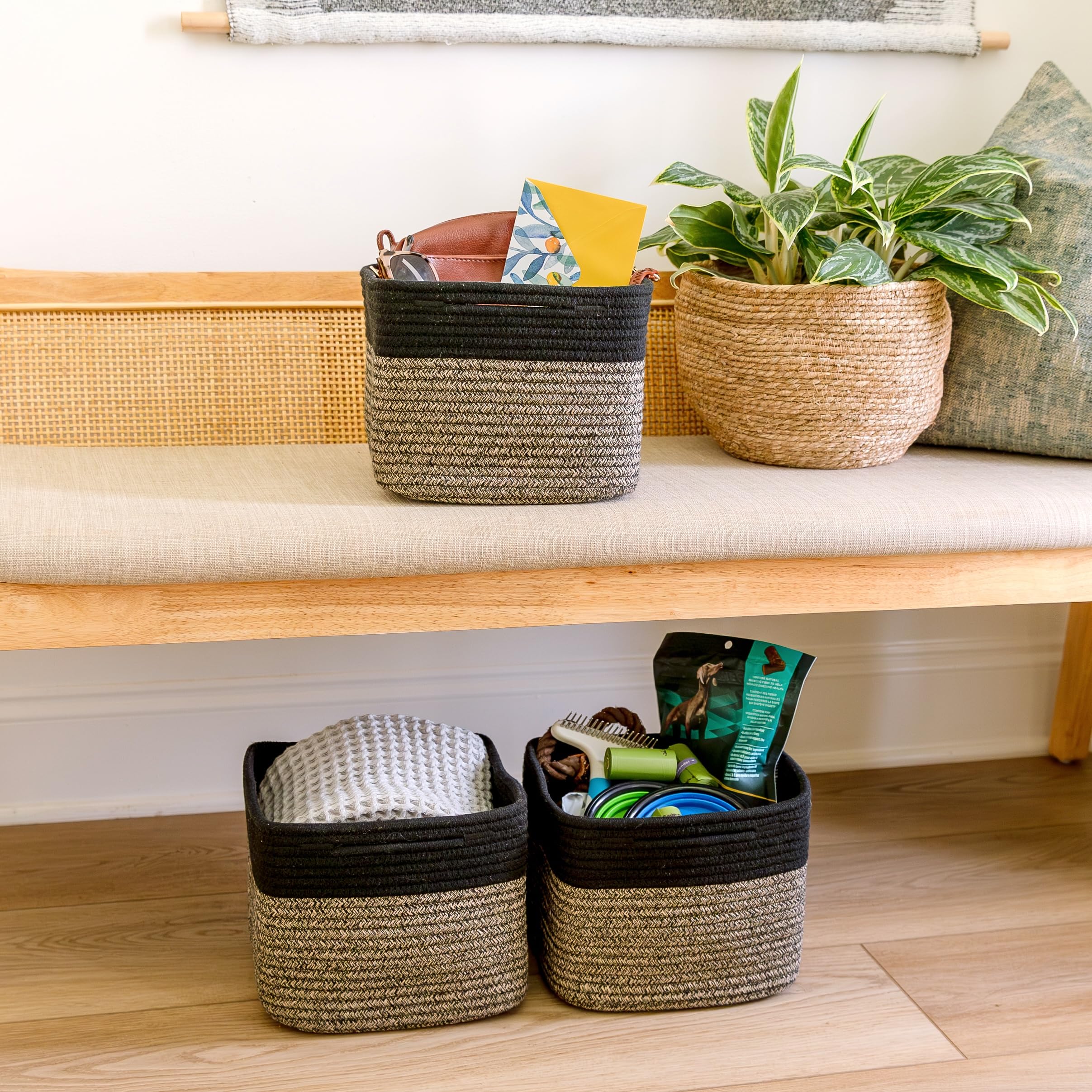 NaturalCozy three-pack-baskets offer versatile storage on shelves.