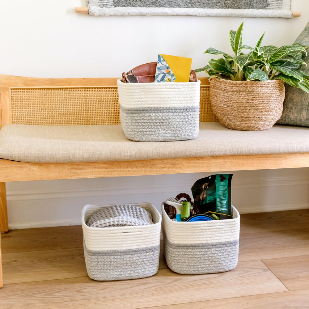 NaturalCozy versatile storage for toys and blankets on a bedroom shelf.