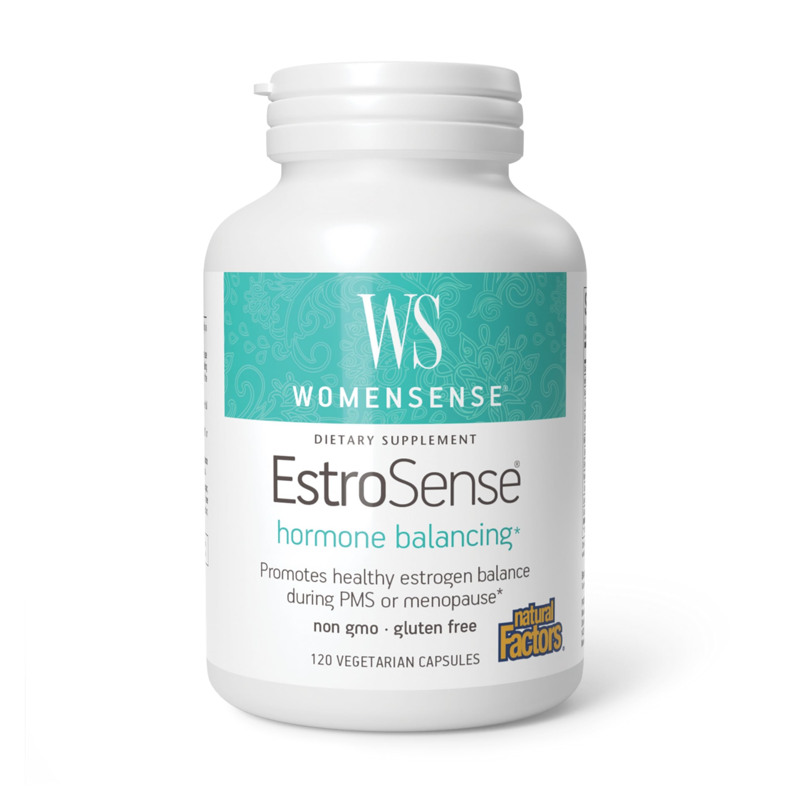 Natural Factors EstroSense bottle on a counter for daily hormonal balance.